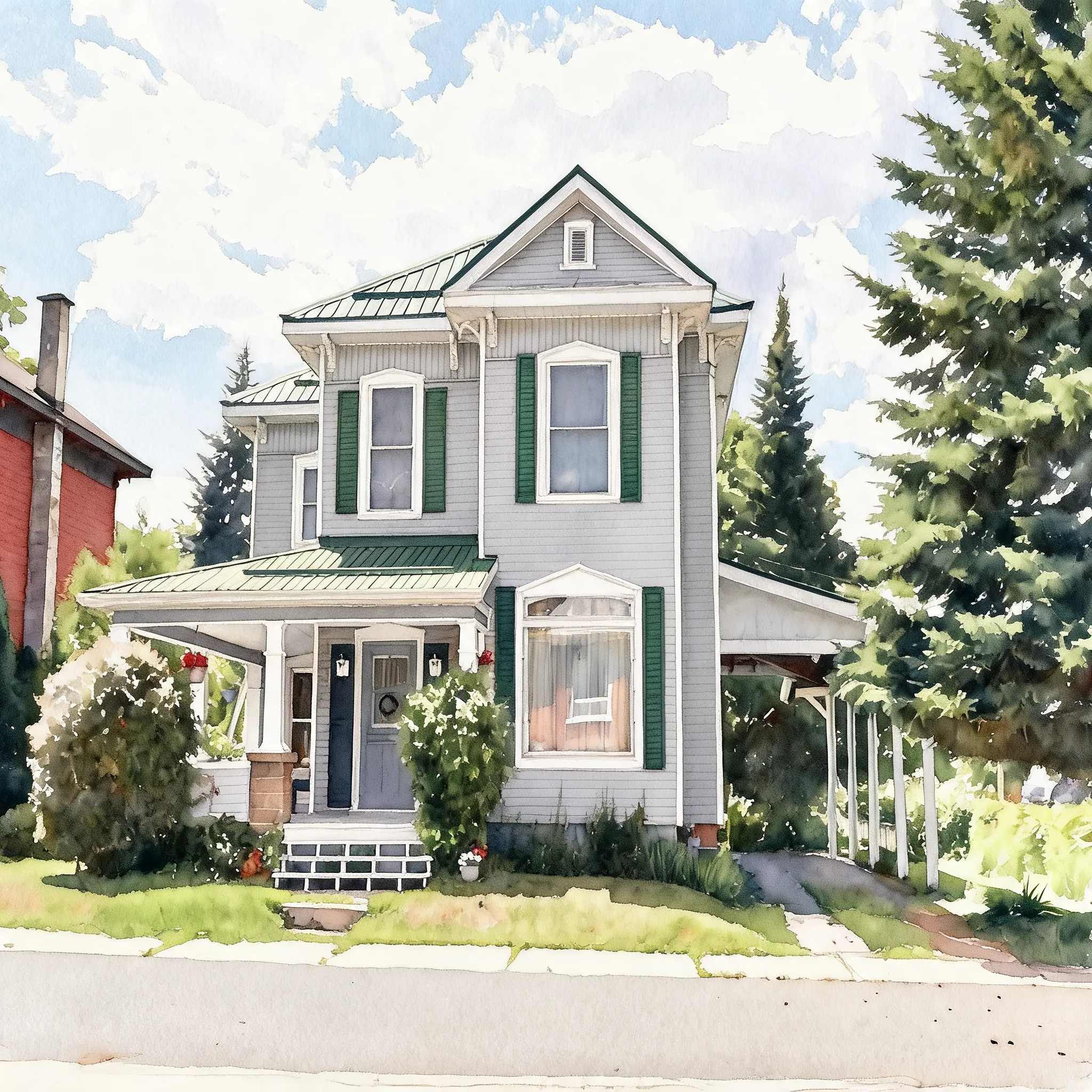 https://image.vidoly.ai/uploads/20260828/kileys%20house_9fb8aa87.jpg remove the car. make it into a watercolor picture. remove all letters and words.