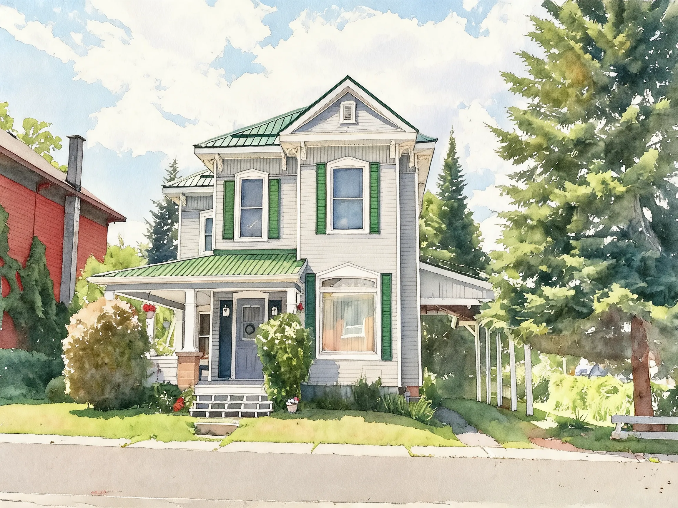 https://image.vidoly.ai/uploads/20260828/kileys%20house_9fb8aa87.jpg remove the car. make it into a watercolor picture. remove all letters and words.
