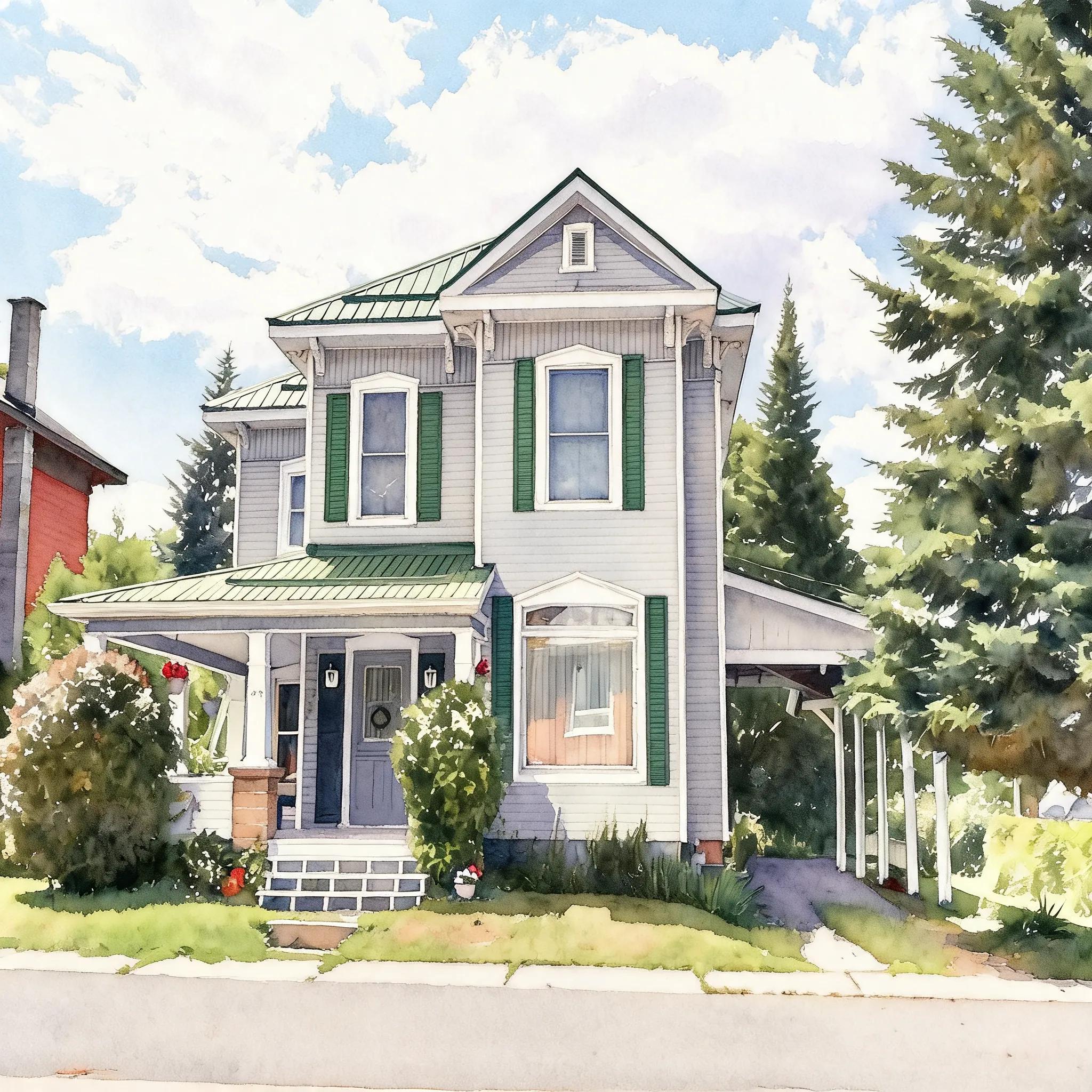 https://image.vidoly.ai/uploads/20260828/kileys%20house_9fb8aa87.jpg remove the car. make it into a watercolor picture. remove all letters and words.