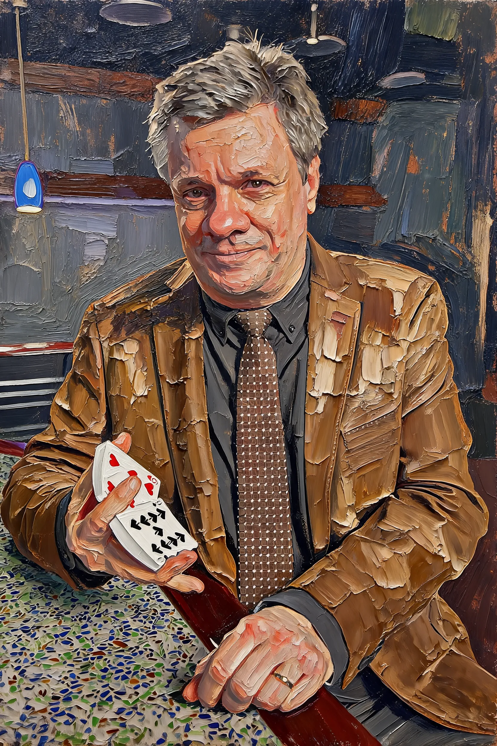 Transform this portrait into a high-end, heavily textured palette-knife abstract oil painting. Reinterpret the source subject not as a photo, but through bold masses of thick, layered impasto paint and energetic color-block collisions. The brushstrokes must be incredibly distinct and chaotic, with raw, scraped edges defining the silhouette cues and emotional energy. While fine facial details are gone, the core posture, emotional tone, and spiritual essence must remain perceptible through the massive paint movement. Render the background with the same thick, painterly language to create a unified, visually heavy, and emotionally charged abstract masterpiece.