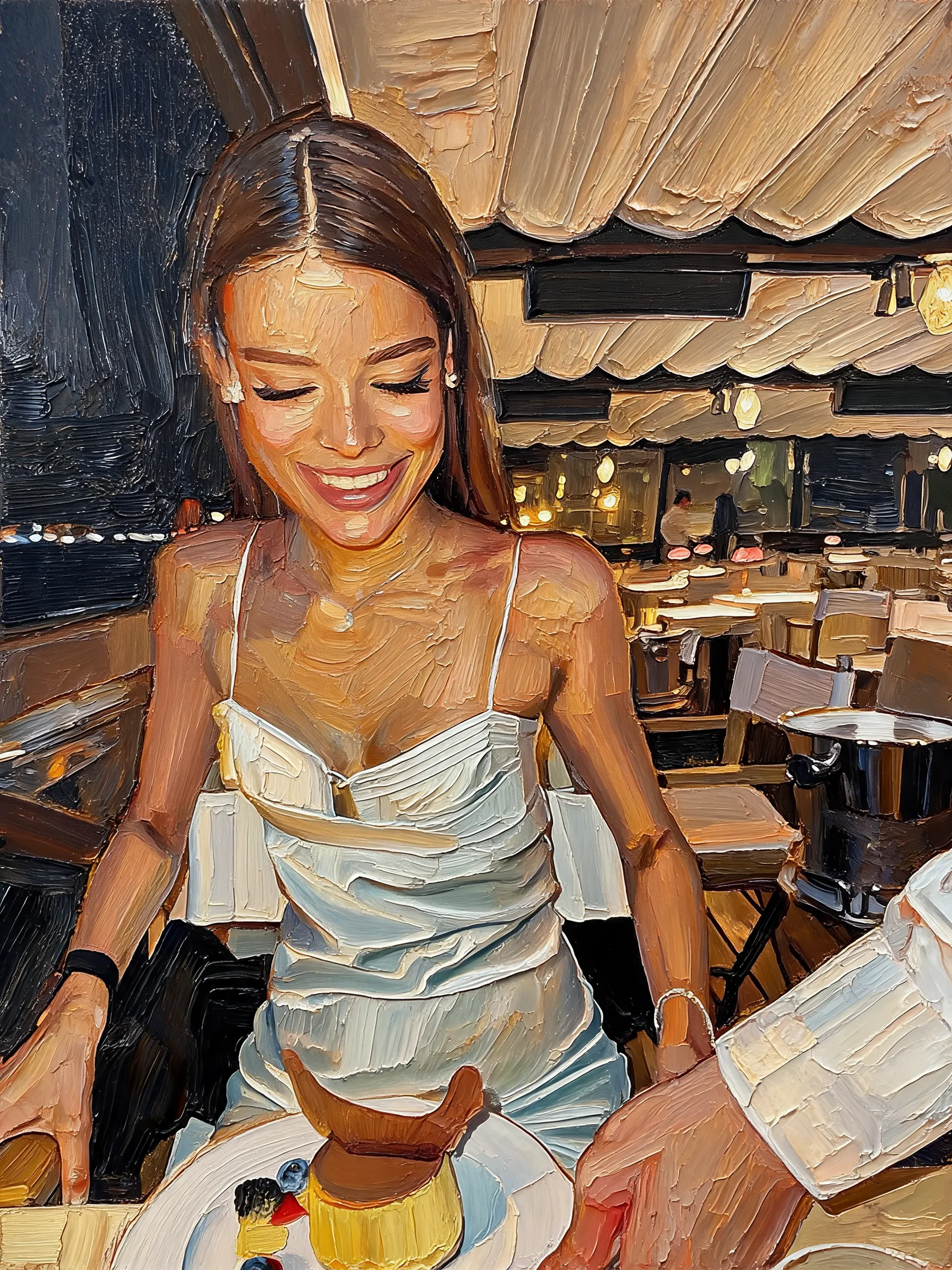 Transform this portrait into a high-end, heavily textured palette-knife abstract oil painting. Reinterpret the source subject not as a photo, but through bold masses of thick, layered impasto paint and energetic color-block collisions. The brushstrokes must be incredibly distinct and chaotic, with raw, scraped edges defining the silhouette cues and emotional energy. While fine facial details are gone, the core posture, emotional tone, and spiritual essence must remain perceptible through the massive paint movement. Render the background with the same thick, painterly language to create a unified, visually heavy, and emotionally charged abstract masterpiece.