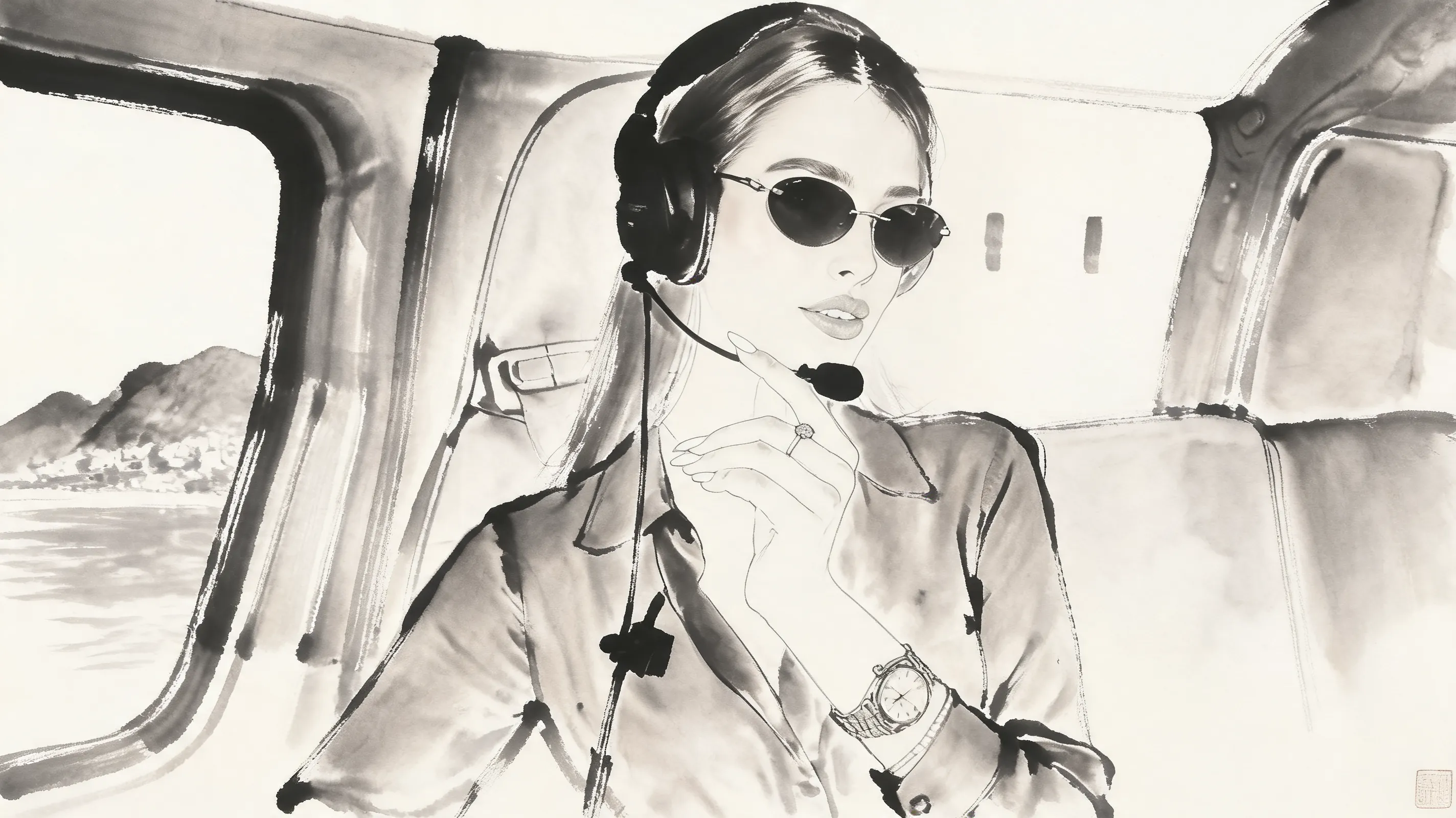 Re reinterpret this portrait as a refined, authentic Chinese sumi-e ink wash painting. Significantly enhance the use of negative space, elegant brush-rhythm energy, and atmospheric stillness. The recognizable essence, posture, and core emotion of the source subject should emerge through dramatic ink gradation layers, expressive brush flow, and soft, mists-like diffusion. Use controlled dry-brush texture to define key silhouette cues. The final image must convey meaningful emptiness and graceful restraint, making the original subject’s inner presence clear within a poetic, calligraphic composition.