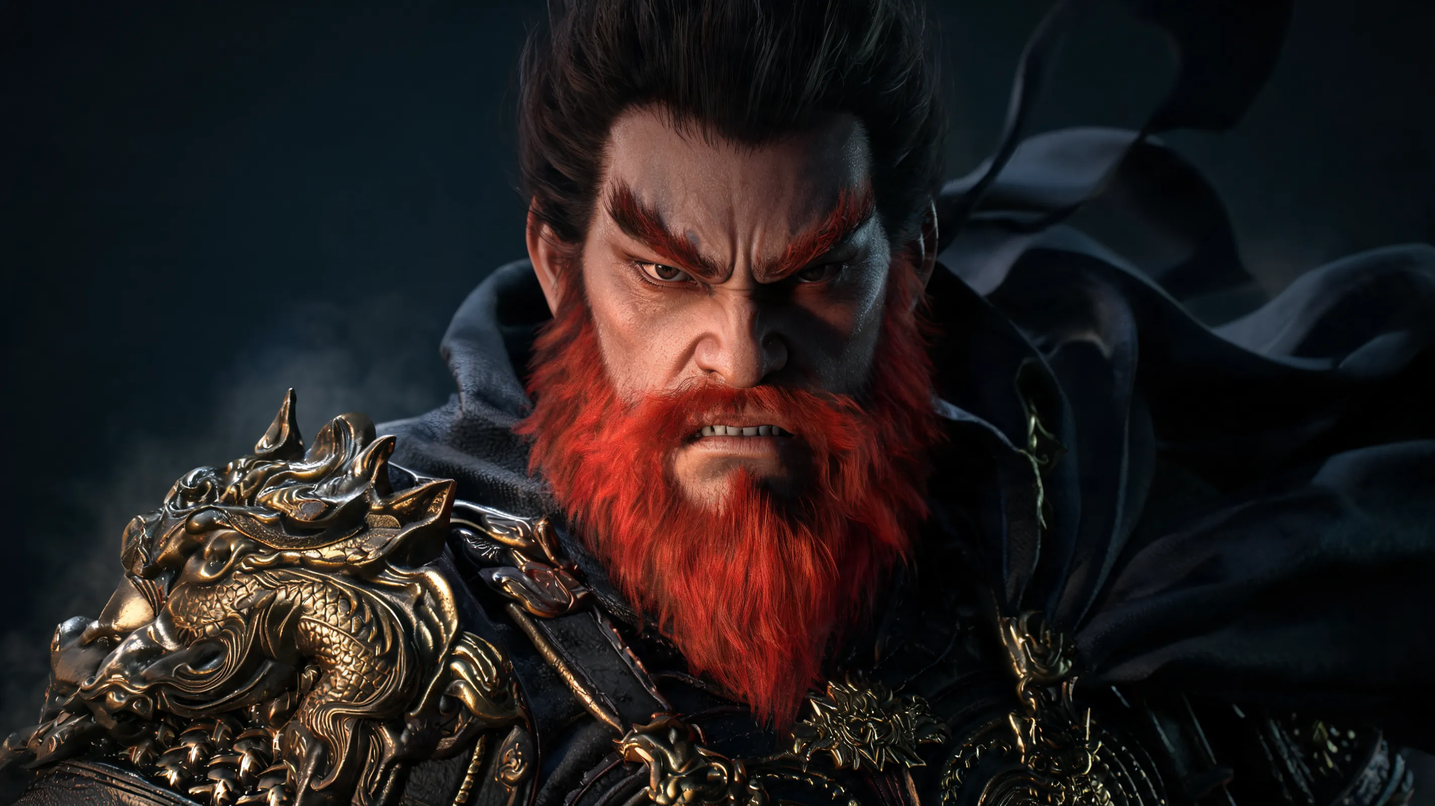 A hyper-realistic cinematic close-up portrait of Zhong Kui, the legendary demon hunter from Black Myth. He has a fierce, determined expression with a fiery red beard and thick eyebrows. He wears ornate, dark ancient Chinese armor with gold dragon motifs and a flowing battle robe. Dramatic side lighting, intense shadows, 8k, high detail, dark fantasy atmosphere, Unreal Engine 5 render style.