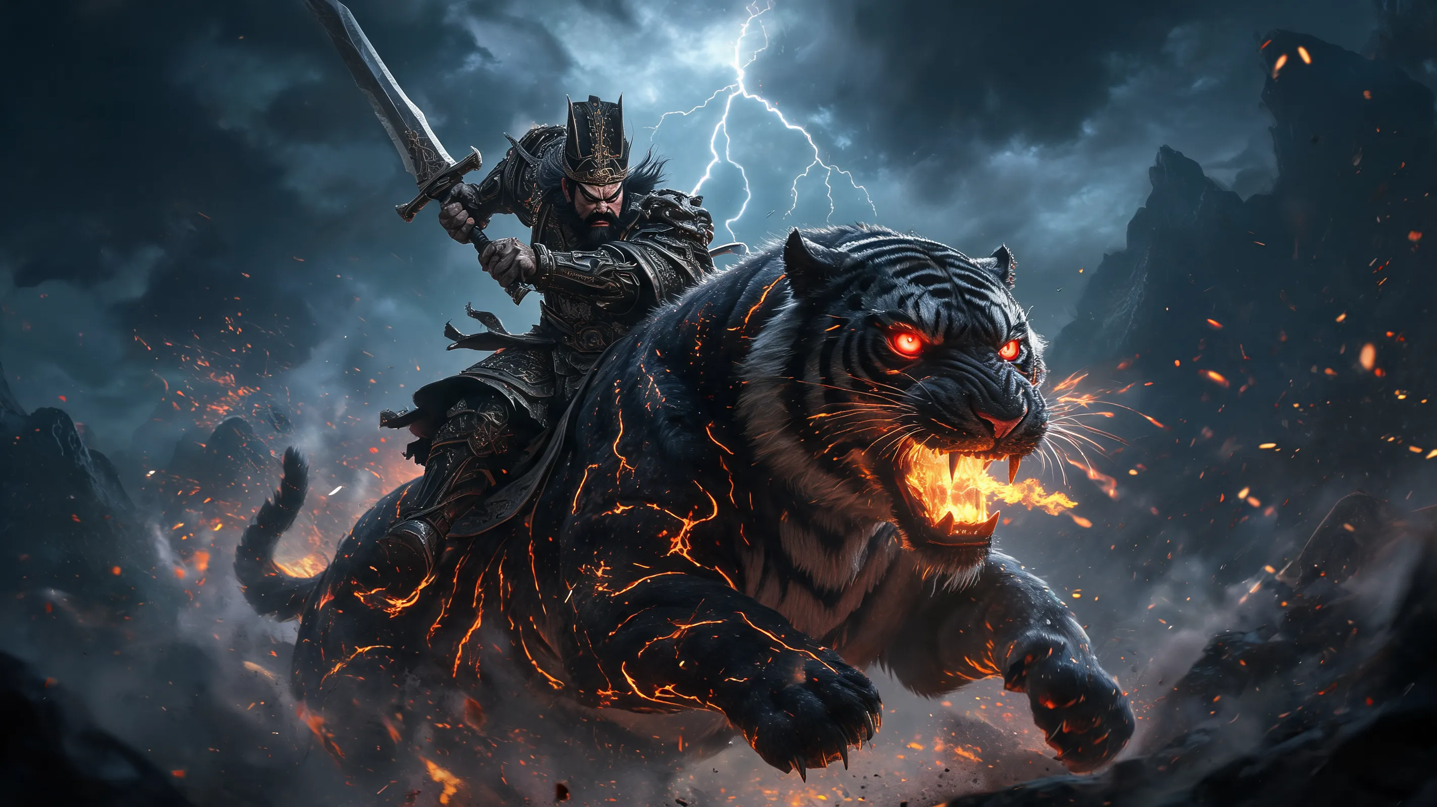 Cinematic shot of Zhong Kui riding a massive demonic black tiger with glowing red eyes, charging through a stormy battlefield. The tiger breathes flames and has cracks of fire on its fur. Zhong Kui wields a giant broadsword, ready to strike. Epic action pose, dynamic angle, surrounded by glowing embers and misty mountains in the background. Dark souls-like aesthetic, ultra-detailed textures, 4k.