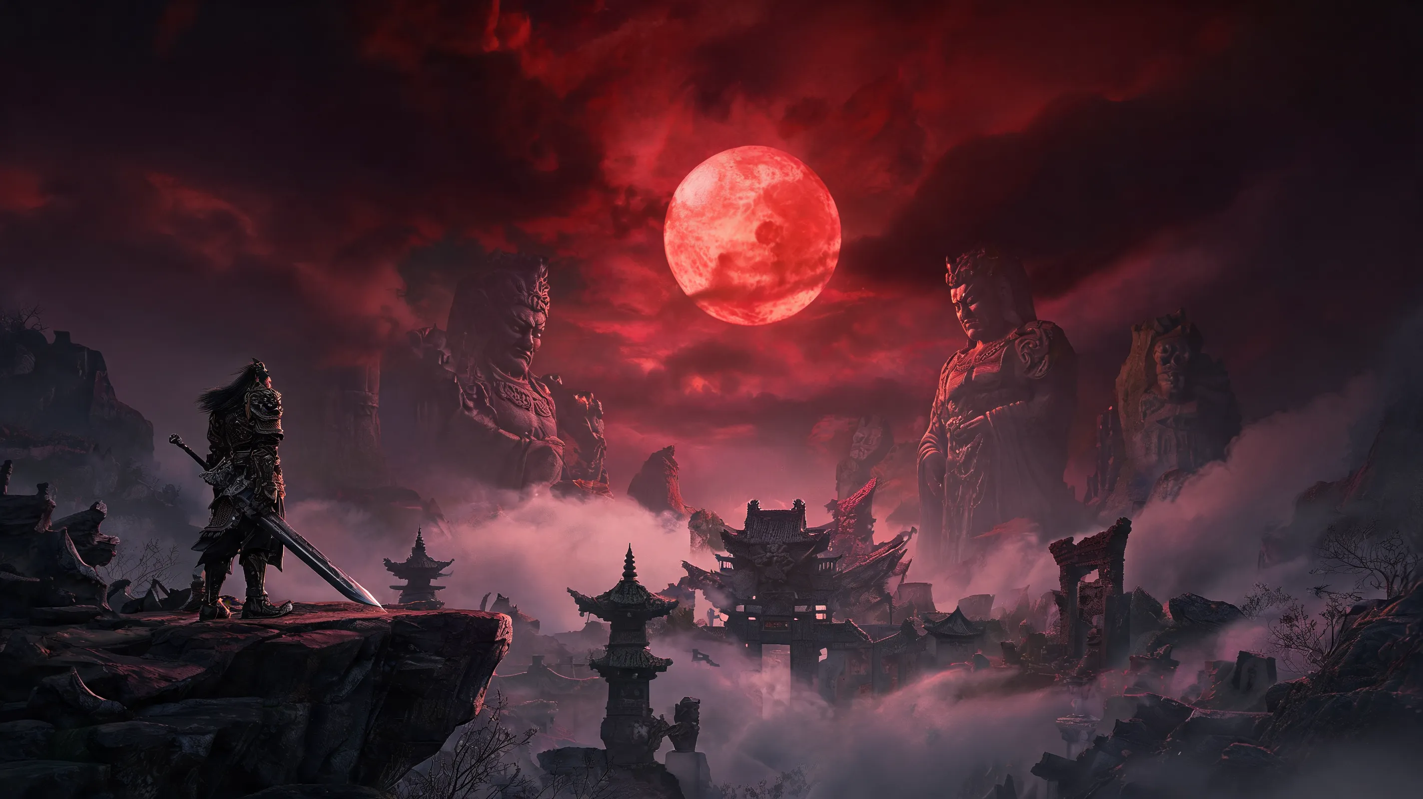 Dark fantasy establishing shot of a desolate, gothic underworld landscape in the Black Myth universe. A lone swordsman (Zhong Kui) stands on a cliff overlooking a ruined ancient temple under a blood-red moon. Heavy atmosphere, volumetric fog, eerie lighting, towering ancient statues in the background, inspired by Chinese mythology and dark epic cinema.