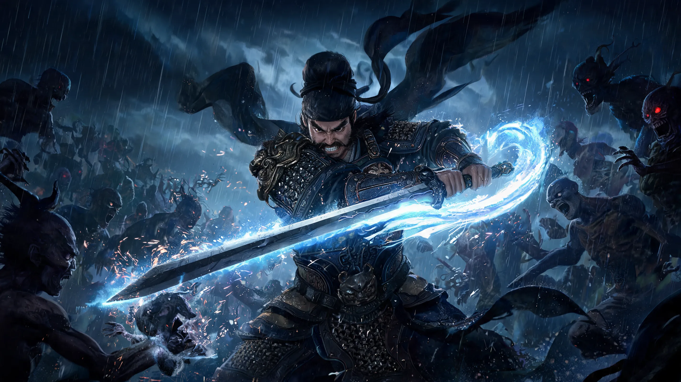 Action shot of Zhong Kui performing a powerful sword strike against hordes of ghosts and demons. He is wearing a dark headscarf flowing in the wind. The scene showcases the unique parry and blocking mechanics, with bright energy trails following the sword. Intense combat, sparks flying, dynamic blur, rainy weather, cinematic lighting, realistic armor and weapon details, next-gen graphics.