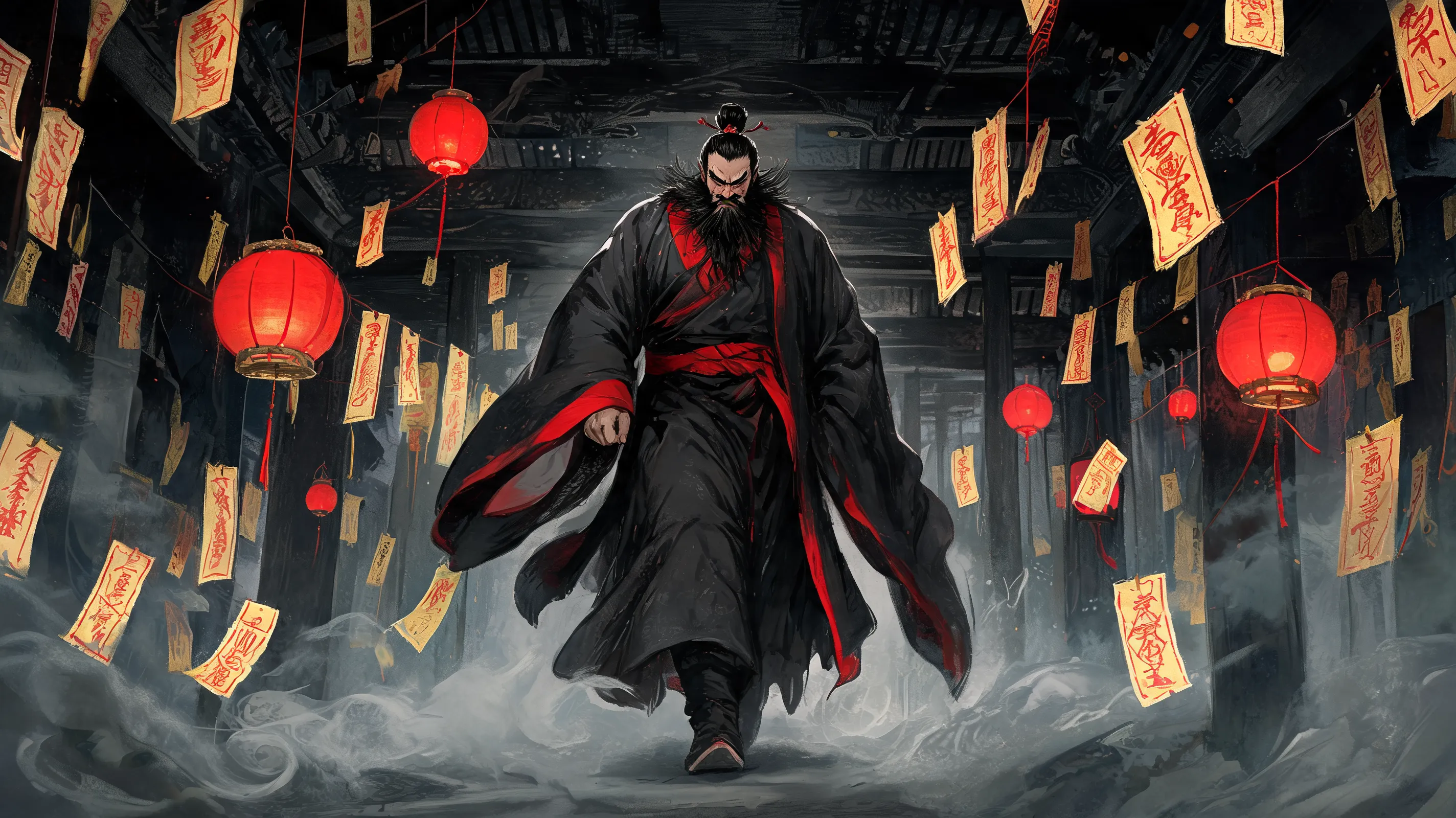 A dark, surreal concept art illustration of Zhong Kui. The style blends classical Chinese ink wash painting with dark fantasy digital art. He is walking through a hall of ancient paper talismans and floating lanterns. Muted colors with vibrant red accents, high contrast, ethereal, mysterious atmosphere, brushstroke texture, masterpiece.