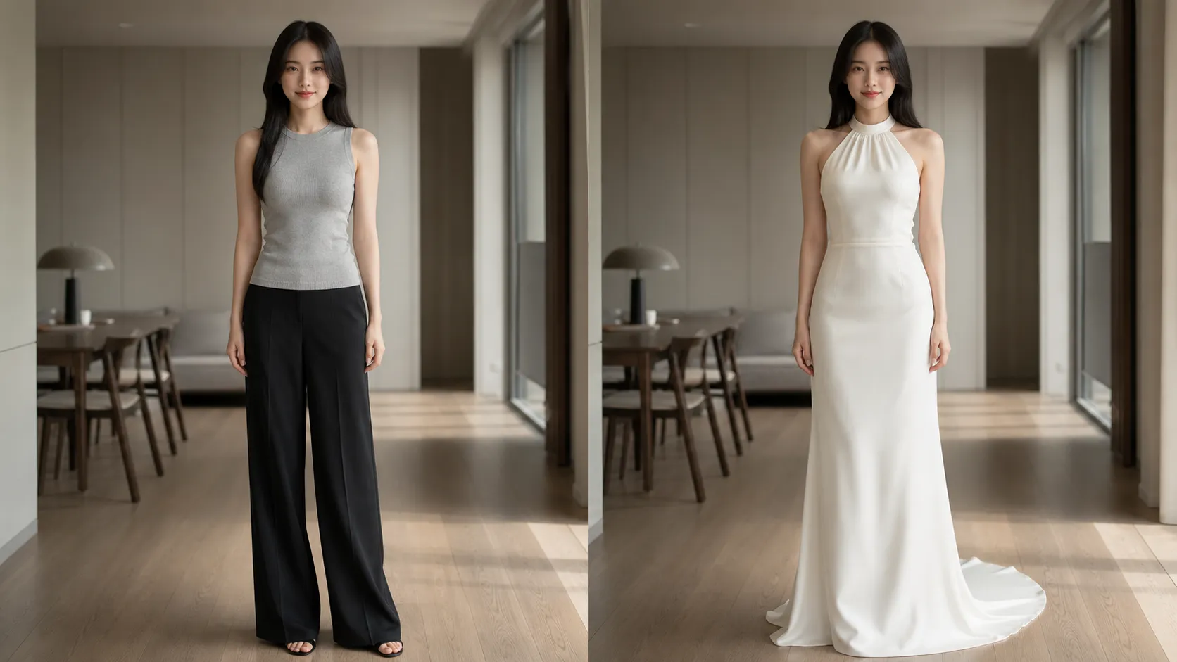 Create a modern premium 16:9 photorealistic before-and-after AI wedding dress virtual try-on comparison featuring the exact same young East Asian woman with fair neutral skin, soft oval face, dark almond-shaped eyes, and long straight black hair with a center part. LEFT SIDE — BEFORE: she wears a fitted light-gray sleeveless knit top, wide-leg black trousers, and minimalist heels, standing naturally in a refined contemporary apartment. RIGHT SIDE — AFTER: preserve her exact facial identity, hairstyle, skin tone, body proportions, pose, background, lighting, and camera angle while transforming only her outfit into a sophisticated ivory halter-neck wedding gown with a clean sculpted bodice, open back, smooth satin-crepe fabric, narrow waist, straight flowing skirt, and minimal train. Modern editorial bridal aesthetic, realistic material texture, subtle directional lighting, natural skin detail, no text, logos, labels, or watermark.