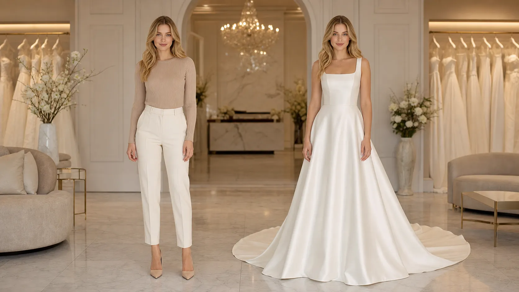 A photorealistic full-body before-and-after wedding dress transformation of the same young European woman, fair porcelain skin, oval face, soft blue eyes, long wavy honey-blonde hair, elegant natural beauty, standing upright and facing the camera in a luxurious modern bridal studio. BEFORE: wearing a fitted beige ribbed long-sleeve top, high-waisted cream trousers and nude pointed heels. AFTER: wearing an elegant minimalist ivory satin A-line wedding gown with a structured fitted bodice, square neckline, smooth flowing skirt, subtle cathedral train and refined satin sheen. Preserve exactly the same face, hairstyle, skin tone, body proportions, pose, camera angle, background architecture and lighting between both versions. Premium bridal editorial photography, realistic fabric folds, natural skin texture, sophisticated luxury atmosphere, full-body composition, photorealistic, no text, no watermark.
