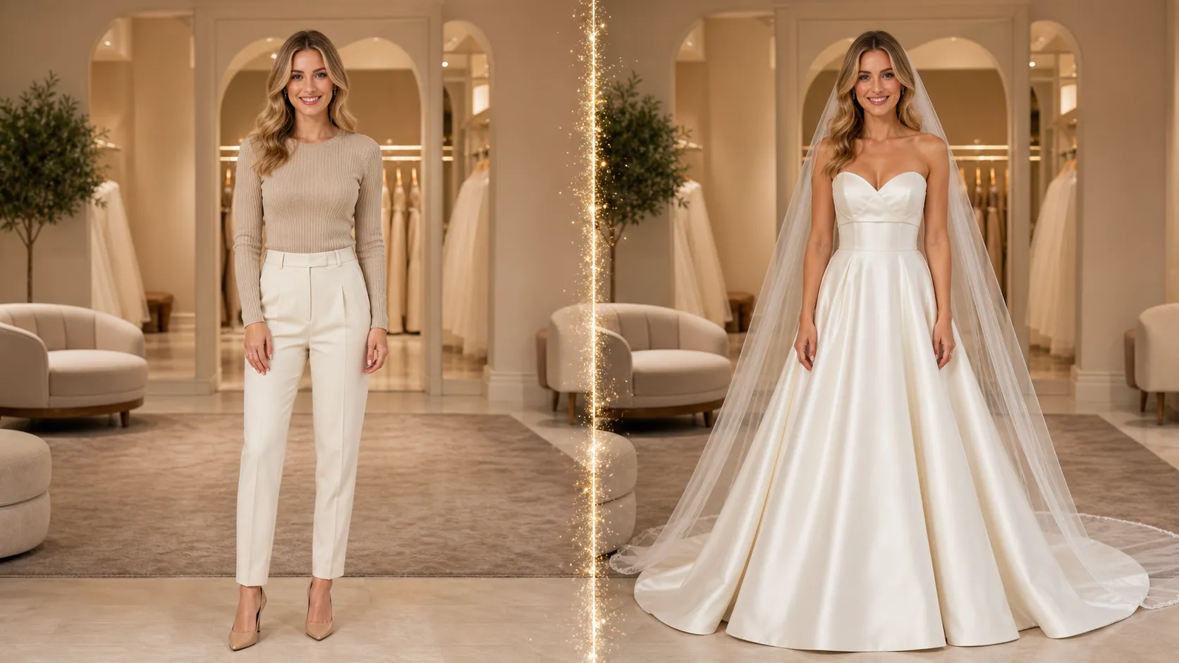 Create a photorealistic 16:9 split-screen before-and-after comparison of the SAME young European woman in the SAME elegant modern bridal showroom, using an identical camera angle, identical full-body pose, identical facial expression, identical hairstyle, identical lighting, and identical background architecture on both sides. LEFT — BEFORE: The woman wears a fitted beige ribbed long-sleeve knit top, high-waisted cream trousers, and nude pointed-toe heels. Natural everyday styling, relaxed bridal-shopping appearance. RIGHT — AFTER: Transform the exact same woman into a sophisticated ivory satin A-line wedding gown with a structured sweetheart neckline, fitted corset bodice, smooth luminous satin skirt, elegant cathedral-length train, subtle pearl earrings, and a long sheer cathedral veil. Preserve her exact face, hair, skin tone, body proportions, pose, hands, and identity. The wedding dress must realistically conform to her original body shape with natural fabric folds, realistic satin highlights, accurate shadows, and believable garment construction. Add a subtle vertical stream of elegant sparkling particles between the two sides, visually suggesting an AI transformation from everyday clothing into bridal attire. Premium luxury bridal editorial photography, realistic skin texture, sophisticated warm interior lighting, highly detailed satin fabric, natural anatomy, photorealistic, no text, no labels, no watermark.