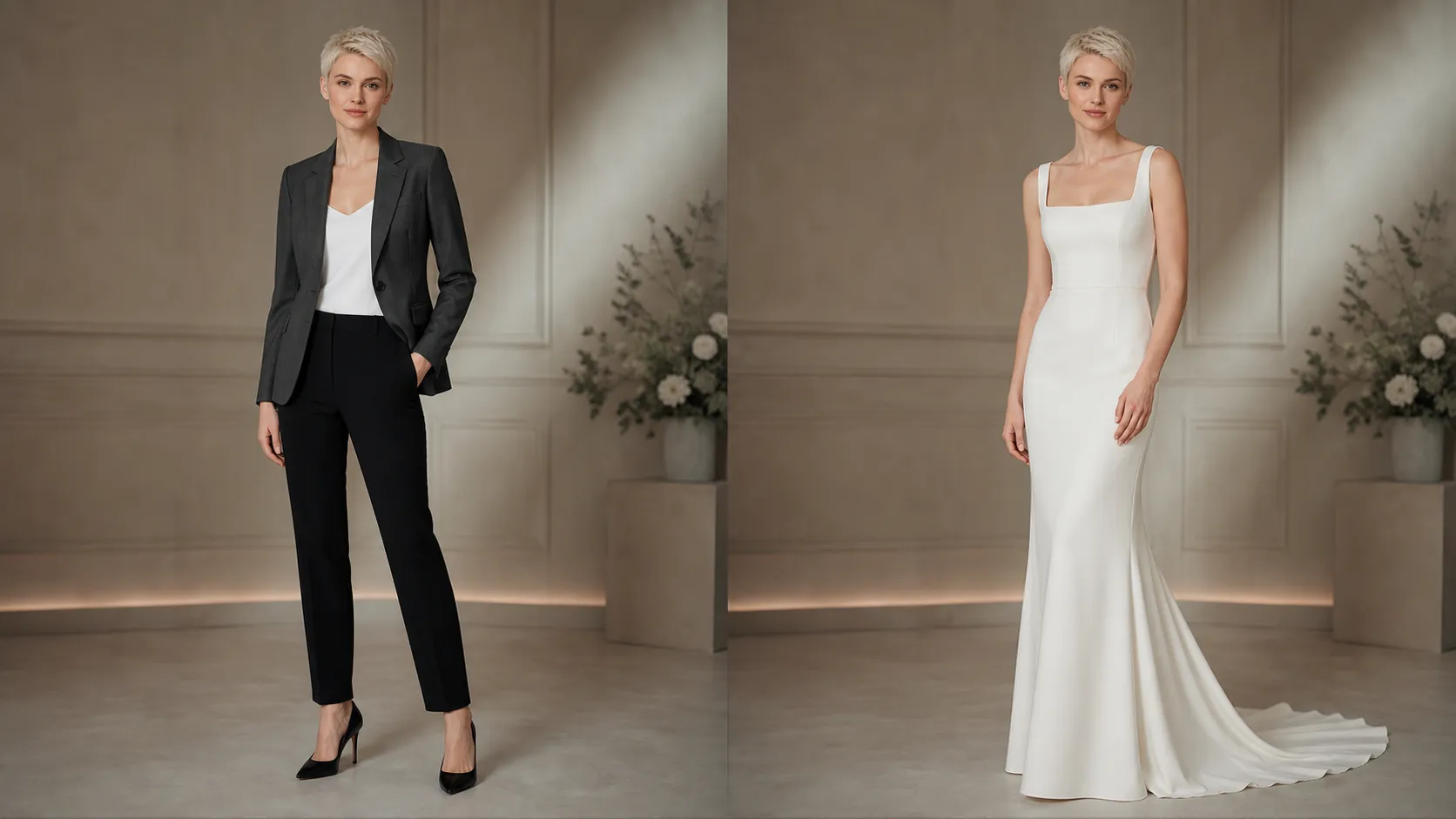 Create a sophisticated photorealistic 16:9 before-and-after bridal transformation featuring a fair-skinned Northern European woman in her early 30s with a short platinum-blonde pixie haircut, blue-gray eyes, refined facial features and a tall, elegant, proportionate figure. LEFT BEFORE: She wears a fitted charcoal-gray blazer over a simple white camisole, tailored black trousers and minimalist black pumps. RIGHT AFTER: Transform her into a minimalist ivory silk-crepe sheath wedding gown with a clean square neckline, narrow straps, sculpted waist, straight floor-length silhouette and subtle chapel train. Extremely refined quiet-luxury bridal aesthetic, matte silk-crepe texture and natural draping. Preserve her exact platinum hairstyle, face, skin tone and body proportions.