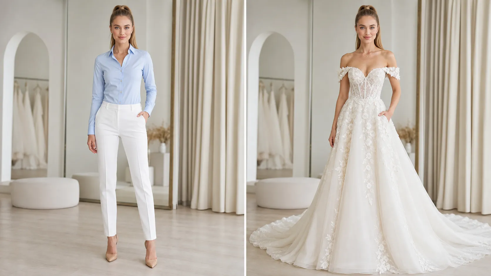 Create a photorealistic 16:9 AI wedding dress before-and-after comparison featuring a fair-skinned young European woman with long honey-blonde hair styled in a sleek high ponytail, bright blue eyes, soft oval facial structure and a tall, slim, well-proportioned figure. LEFT BEFORE: She wears a fitted light-blue button-down shirt, white tailored trousers and nude heels. RIGHT AFTER: Transform her into a romantic ivory off-the-shoulder wedding gown with a structured corset bodice, delicate draped neckline, fitted waist, flowing layered organza skirt and elegant cathedral train. Add subtle floral appliqués along the neckline and skirt. Preserve her exact high ponytail, face, body shape and pose.
