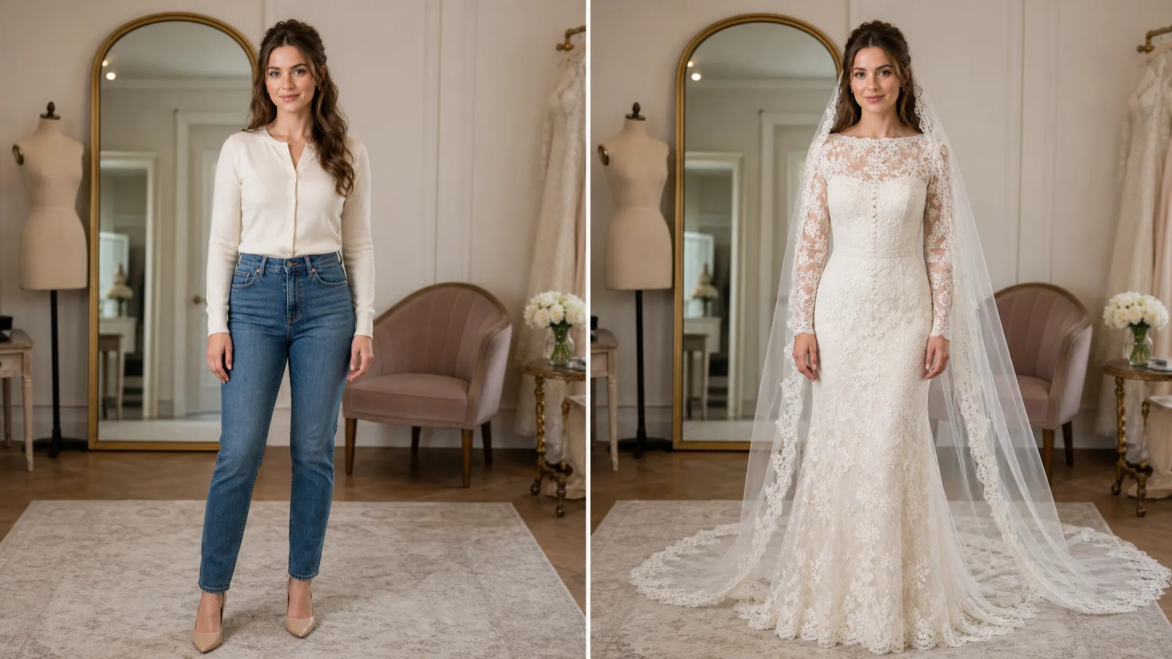 Create a photorealistic 16:9 split-screen wedding dress transformation featuring a fair-skinned European woman, approximately 31 years old, with long chestnut-brown hair styled half-up with soft curls, green eyes, delicate facial features and an elegant, feminine, well-proportioned figure. LEFT BEFORE: She wears a fitted cream cardigan, high-waisted blue jeans and classic beige pumps. RIGHT AFTER: Transform her into a vintage-inspired ivory lace wedding gown with a high bateau neckline, fitted long sleeves, intricate floral lace, covered buttons, defined waist and soft chapel-length train. Add a vintage cathedral veil. Rich lace texture, delicate transparency and realistic embroidery. Preserve her exact face, hairstyle and body proportions.