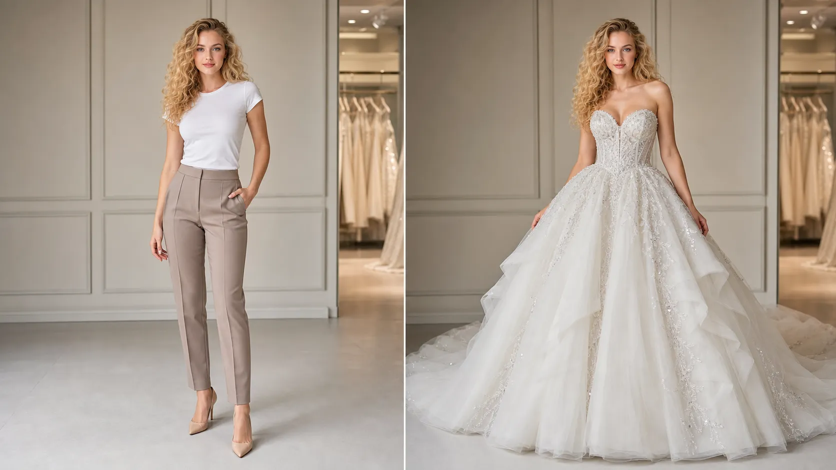 Create a high-end photorealistic 16:9 AI wedding dress transformation featuring a fair-skinned European fashion model, 27 years old, with long voluminous golden-blonde curls, blue eyes, soft feminine facial features and a graceful hourglass-inspired but naturally proportionate figure. LEFT BEFORE: She wears a fitted white T-shirt, tailored taupe trousers and nude pumps. RIGHT AFTER: Transform her into a glamorous strapless ivory princess wedding gown with a sculpted sweetheart corset, structured waist, enormous layered tulle skirt, delicate crystal embroidery and a long cathedral train. Realistic layered tulle and dimensional crystal details. Preserve her exact curls, face and body proportions.
