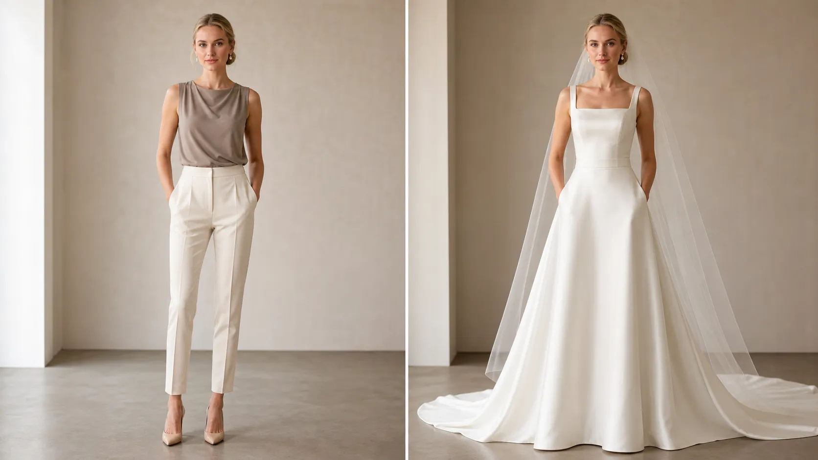 Create a photorealistic 16:9 before-and-after comparison featuring a fair-skinned Western European woman, 29 years old, with light blonde hair styled into a polished low bun, blue eyes, refined symmetrical facial features and a tall, graceful fashion-model silhouette. LEFT BEFORE: She wears a fitted taupe sleeveless blouse, cream tailored trousers and nude pumps. RIGHT AFTER: Transform her into an elegant minimalist ivory wedding gown featuring a modern square neckline, fitted corset waist, clean architectural seams, flowing silk skirt and subtle chapel train. Add understated pearl earrings and a sheer veil. Sophisticated quiet luxury, preserve exact face, hairstyle and body proportions.