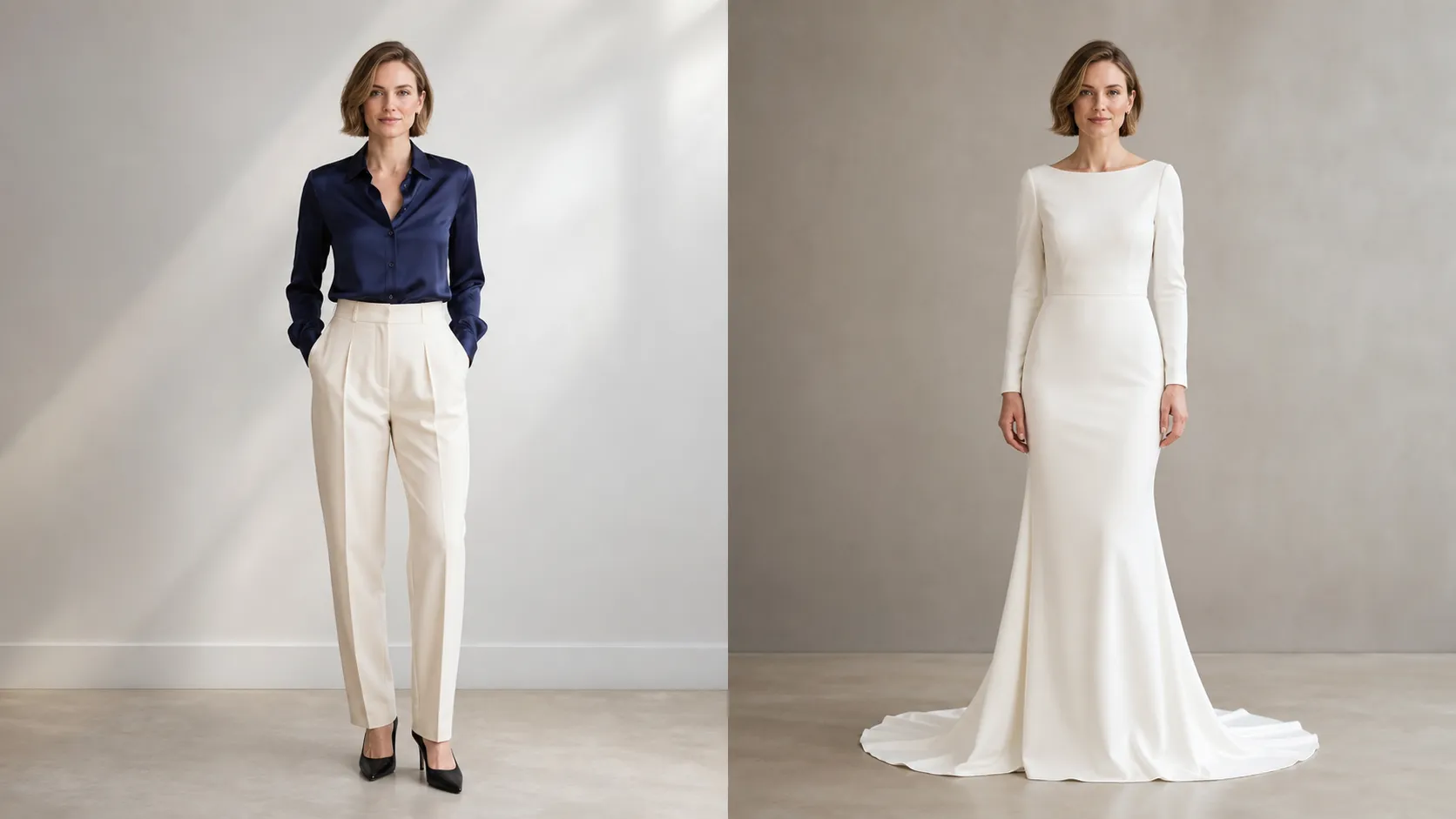 Create a photorealistic 16:9 before-and-after bridal transformation featuring a fair-skinned European woman, 30 years old, with a chic short dark-blonde bob haircut, gray-green eyes, defined jawline and elegant balanced proportions. LEFT BEFORE: She wears a fitted navy-blue blouse, high-waisted ivory trousers and elegant black heels. RIGHT AFTER: Transform her into a sleek ivory sheath wedding dress with a bateau neckline, fitted waist, long fitted sleeves, smooth crepe fabric and a subtle floor-length train. Contemporary European bridal fashion aesthetic. Preserve exact face, bob hairstyle and body proportions.