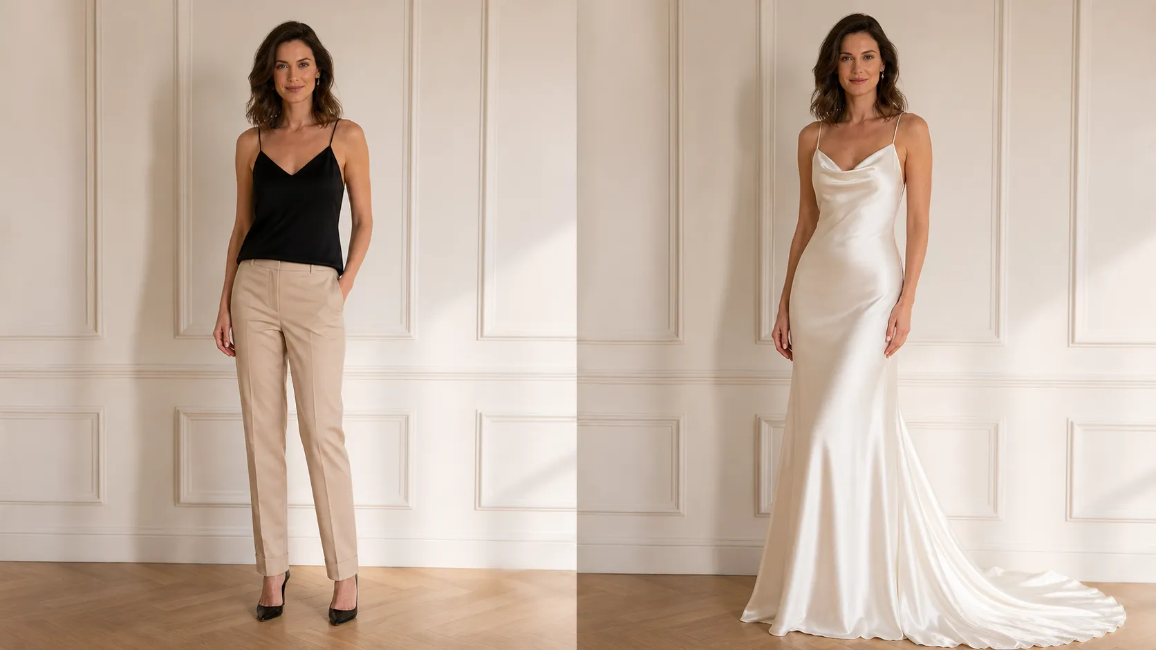Create a sophisticated photorealistic 16:9 AI bridal transformation featuring a fair-skinned European woman, 32 years old, with shoulder-length chocolate-brown loose waves, green eyes, elegant mature facial features and a tall, refined, well-proportioned figure. LEFT BEFORE: She wears a fitted black camisole, tailored beige trousers and minimalist black heels. RIGHT AFTER: Transform her into an elegant ivory silk satin slip wedding dress with delicate thin straps, subtle cowl neckline, softly fitted silhouette, bias-cut construction and a flowing cathedral train. The silk must have realistic soft highlights and natural draping. Preserve her exact hairstyle, face and body proportions.