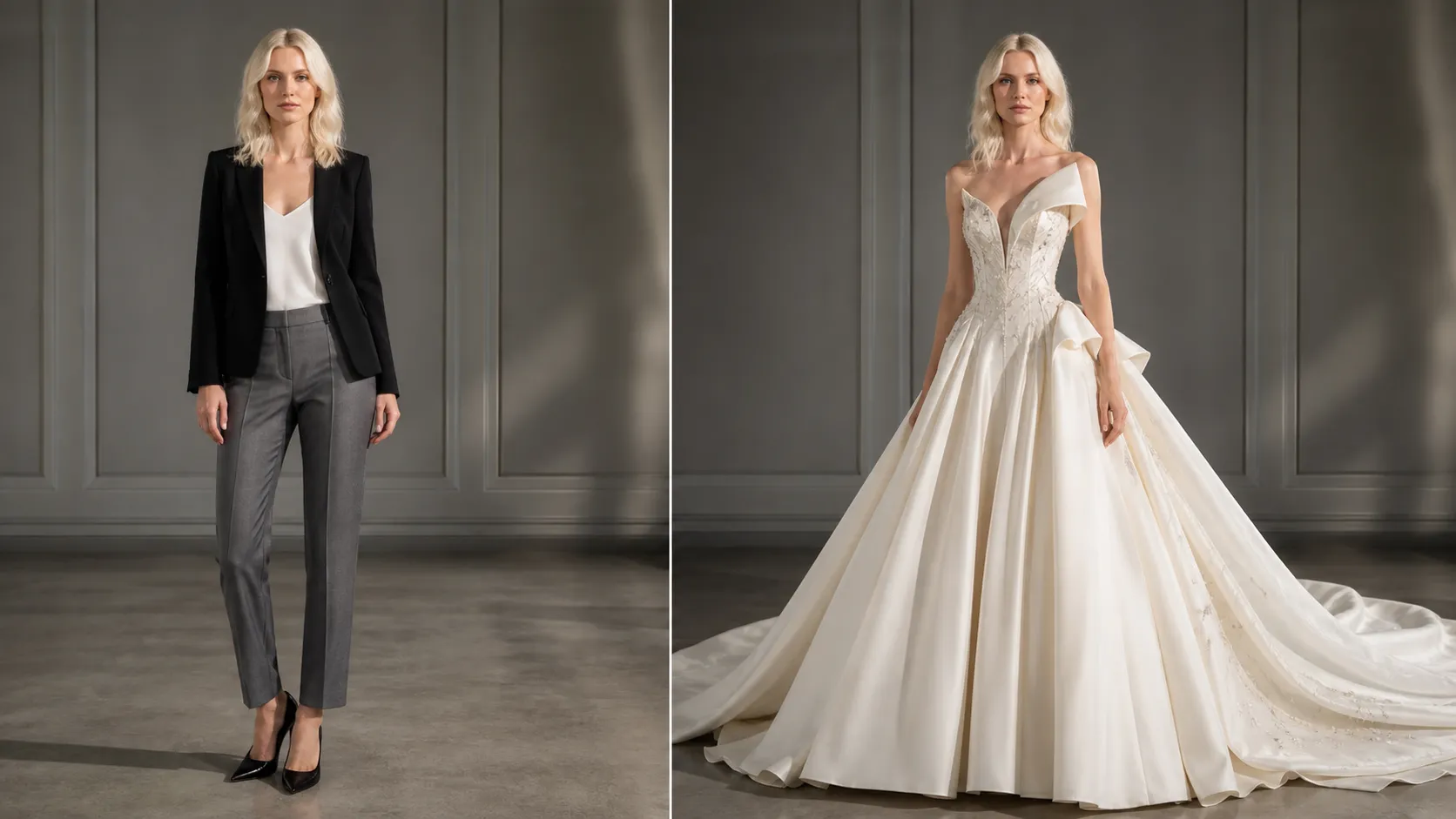 Create an exceptionally premium photorealistic 16:9 before-and-after wedding dress transformation featuring a fair-skinned European woman in her mid-30s with shoulder-length platinum-blonde waves, blue-gray eyes, refined high-fashion facial features and a tall, elegant, proportionate figure. LEFT BEFORE: She wears a fitted black blazer, white camisole, tailored gray trousers and black pointed heels. RIGHT AFTER: Transform her into a dramatic couture ivory wedding gown featuring an asymmetric sculpted neckline, architectural corset bodice, dramatic oversized skirt, structured fabric folds, subtle crystal embellishments and an extremely long cathedral train. High-fashion couture bridal campaign aesthetic. Preserve her exact platinum hairstyle, face and body proportions.