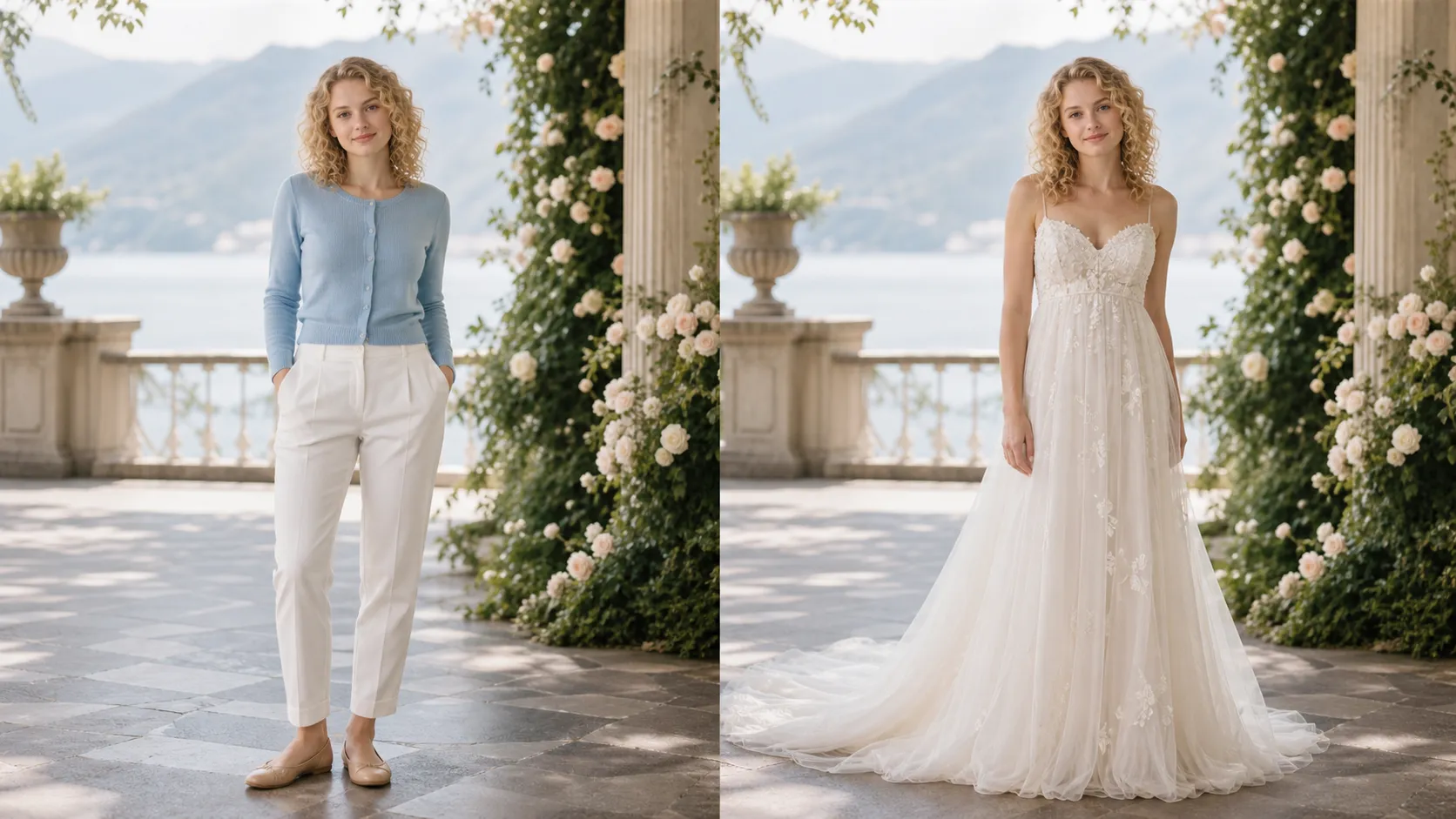 Create a photorealistic 16:9 before-and-after AI wedding dress comparison featuring a fair-skinned European woman, 27 years old, with naturally curly shoulder-length golden-blonde hair, blue-green eyes, soft rounded facial features and an elegant, feminine, well-proportioned figure. LEFT BEFORE: She wears a fitted pale-blue cardigan, high-waisted white trousers and nude ballet flats. RIGHT AFTER: Transform her into a romantic ivory empire-waist wedding gown with a delicate sweetheart neckline, elevated waistline beneath the bust, lightweight chiffon and tulle skirt, subtle floral embroidery and a long flowing train. Ethereal destination-wedding aesthetic, soft luxurious fabric movement. Preserve exact face, curly hairstyle and body proportions.