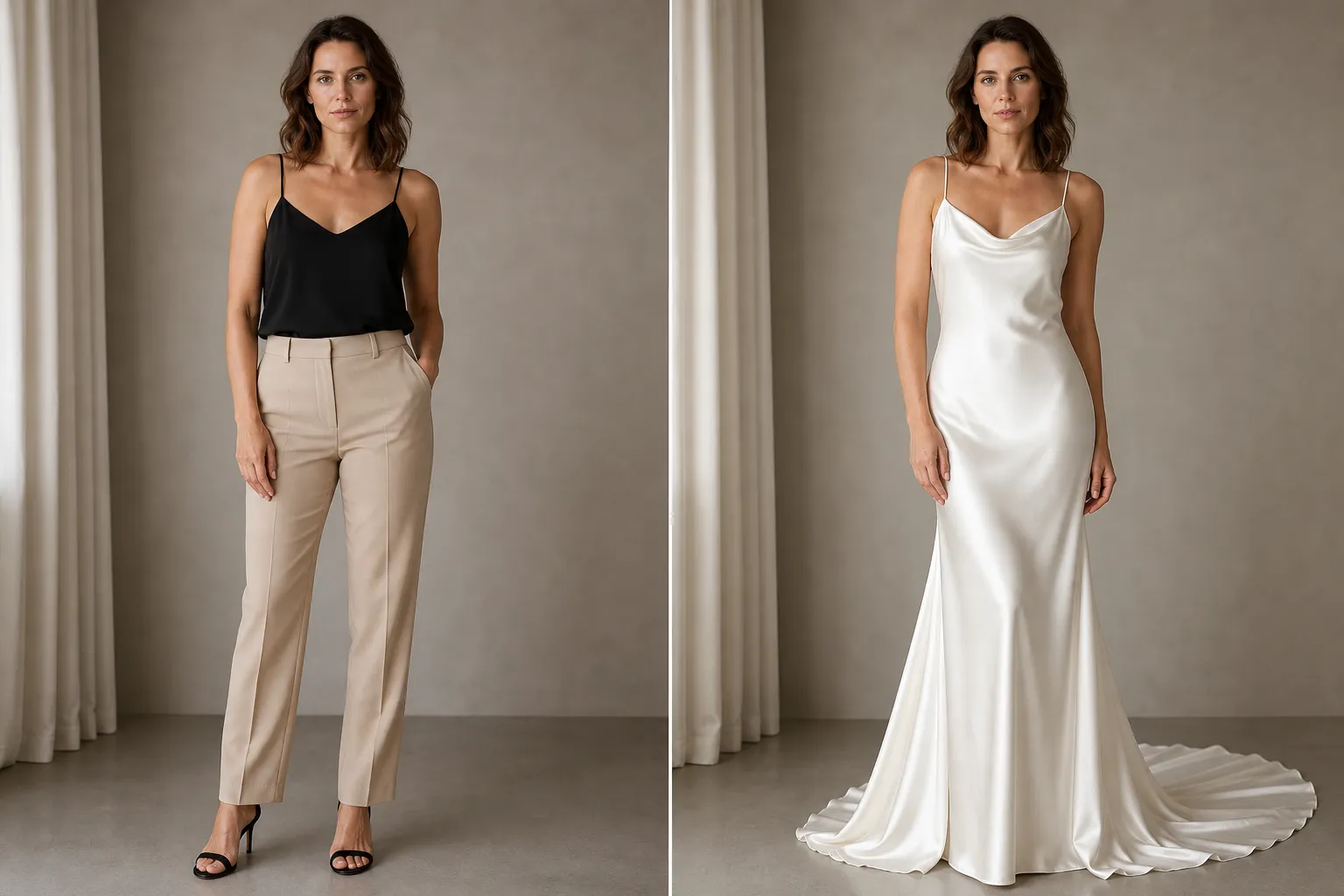 Create a sophisticated photorealistic 16:9 AI bridal transformation featuring a fair-skinned European woman, 32 years old, with shoulder-length chocolate-brown loose waves, green eyes, elegant mature facial features and a tall, refined, well-proportioned figure. LEFT BEFORE: She wears a fitted black camisole, tailored beige trousers and minimalist black heels. RIGHT AFTER: Transform her into an elegant ivory silk satin slip wedding dress with delicate thin straps, subtle cowl neckline, softly fitted silhouette, bias-cut construction and a flowing cathedral train. The silk must have realistic soft highlights and natural draping. Preserve her exact hairstyle, face and body proportions.