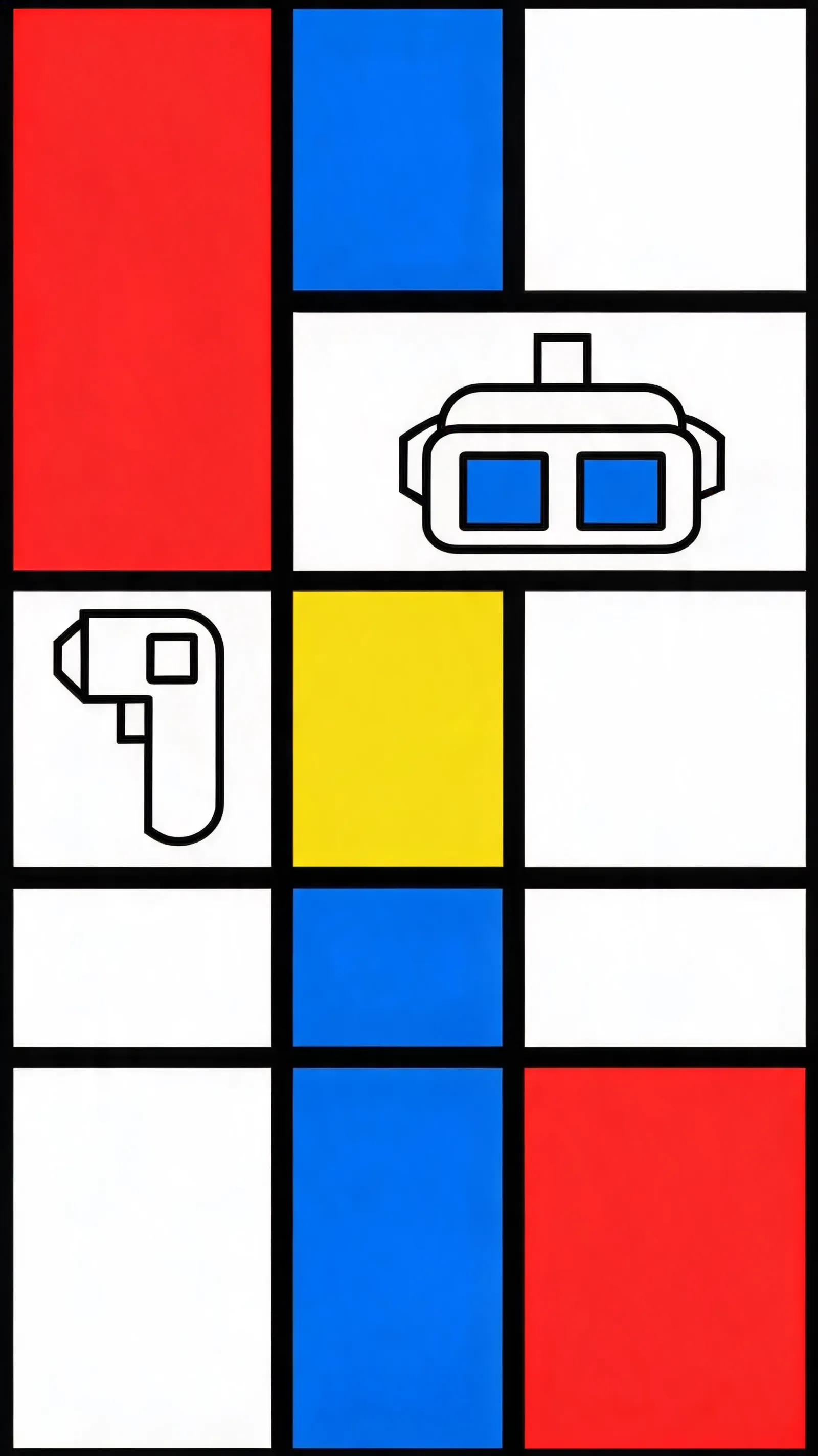 Virtual reality space in Piet Mondrian style, primary colors, black grid lines, geometric shapes representing VR elements, clean minimal design, neo-plasticism