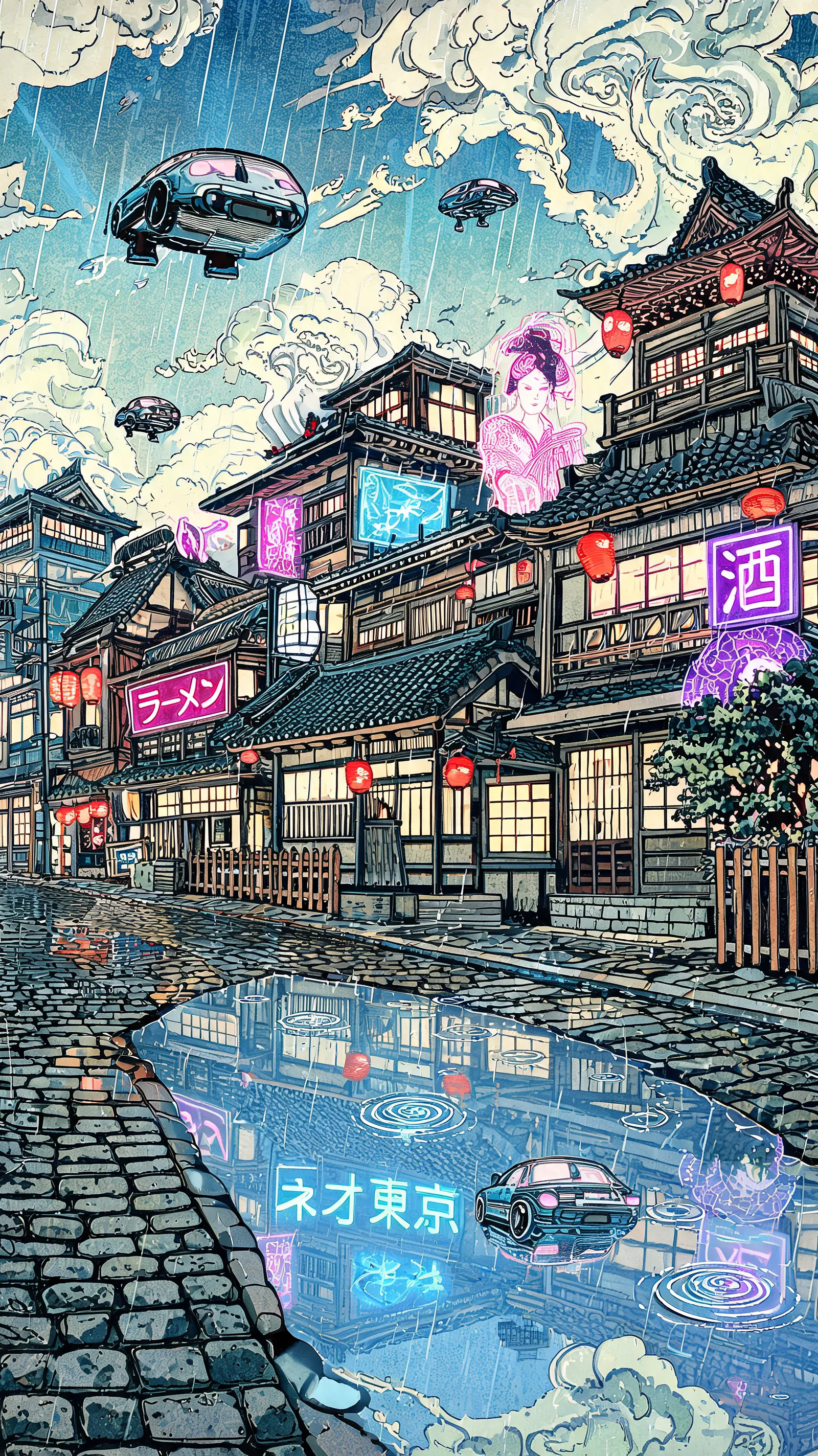 Cyberpunk cityscape in traditional Ukiyo-e style, neon lights reflecting in rain puddles, flying cars and holographic advertisements, in the style of Hokusai, vibrant colors, highly detailed