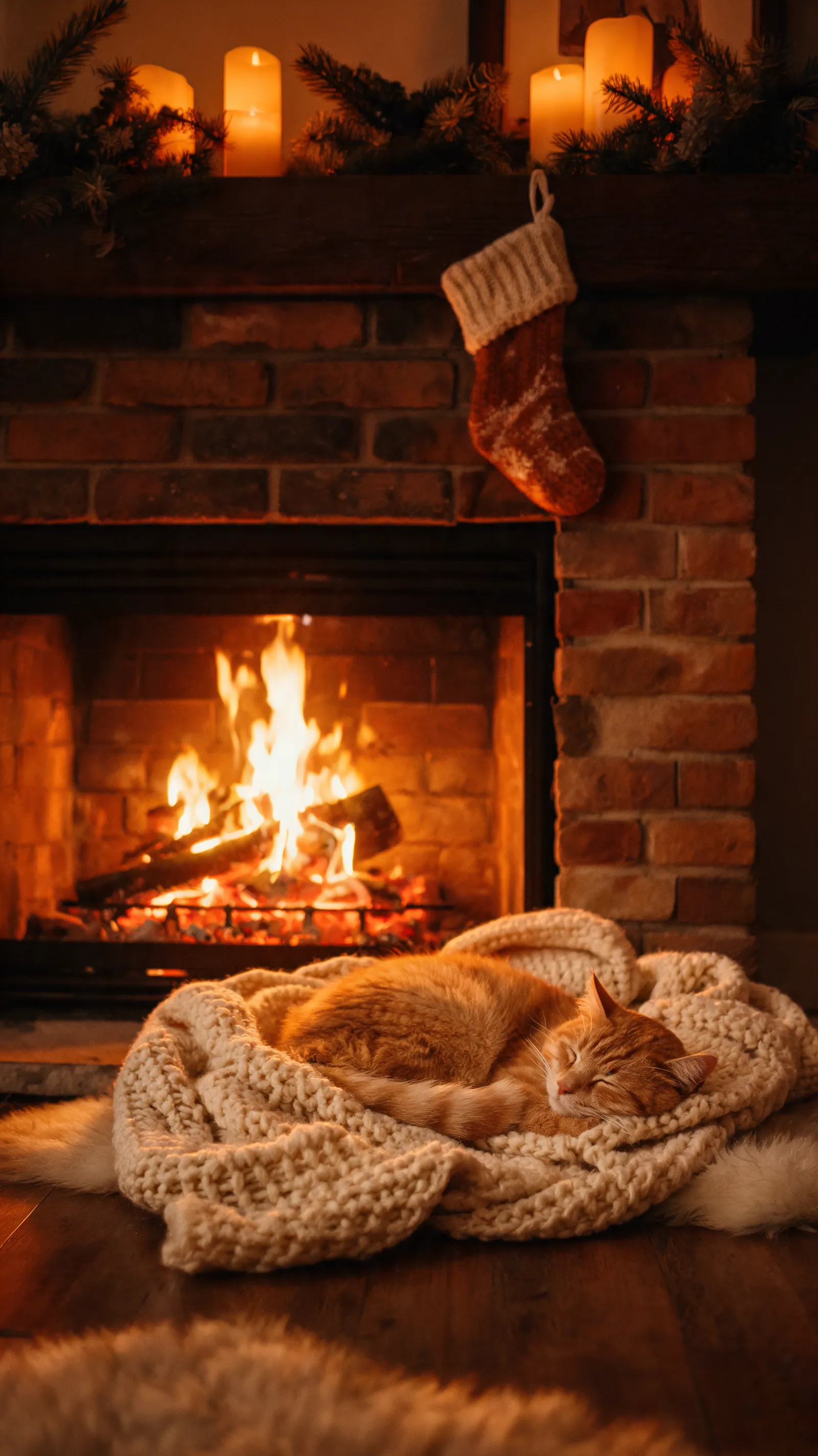 Produce a cozy scene of a cat curled up by a fireplace, with warm tones and a peaceful ambiance.