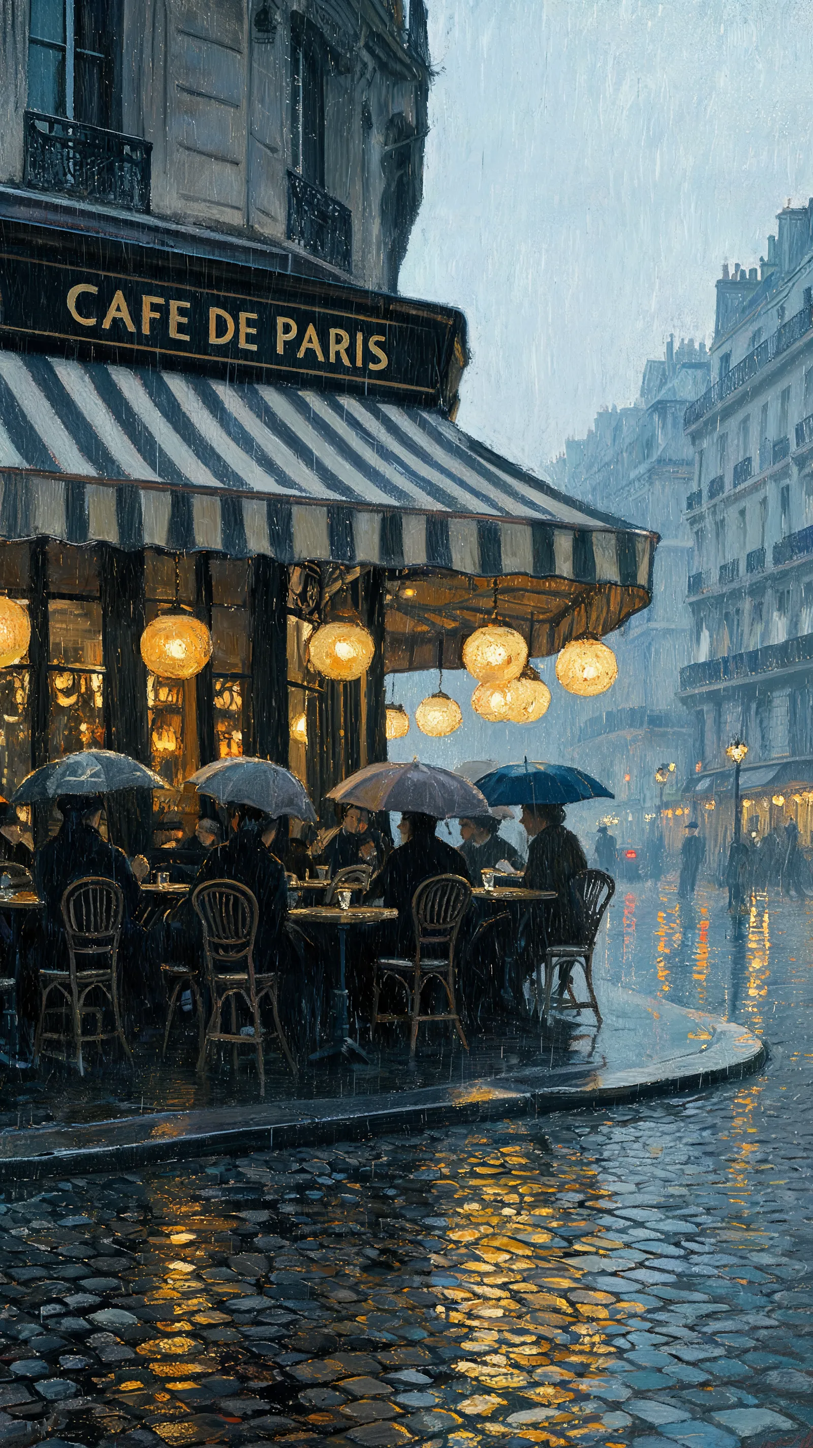 Moody oil painting of a Parisian street cafe in the rain, soft glowing lanterns reflecting on wet cobblestone streets, umbrellas in muted colors, atmospheric perspective, inspired by Edward Hopper's style, emphasis on light and shadow interplay
