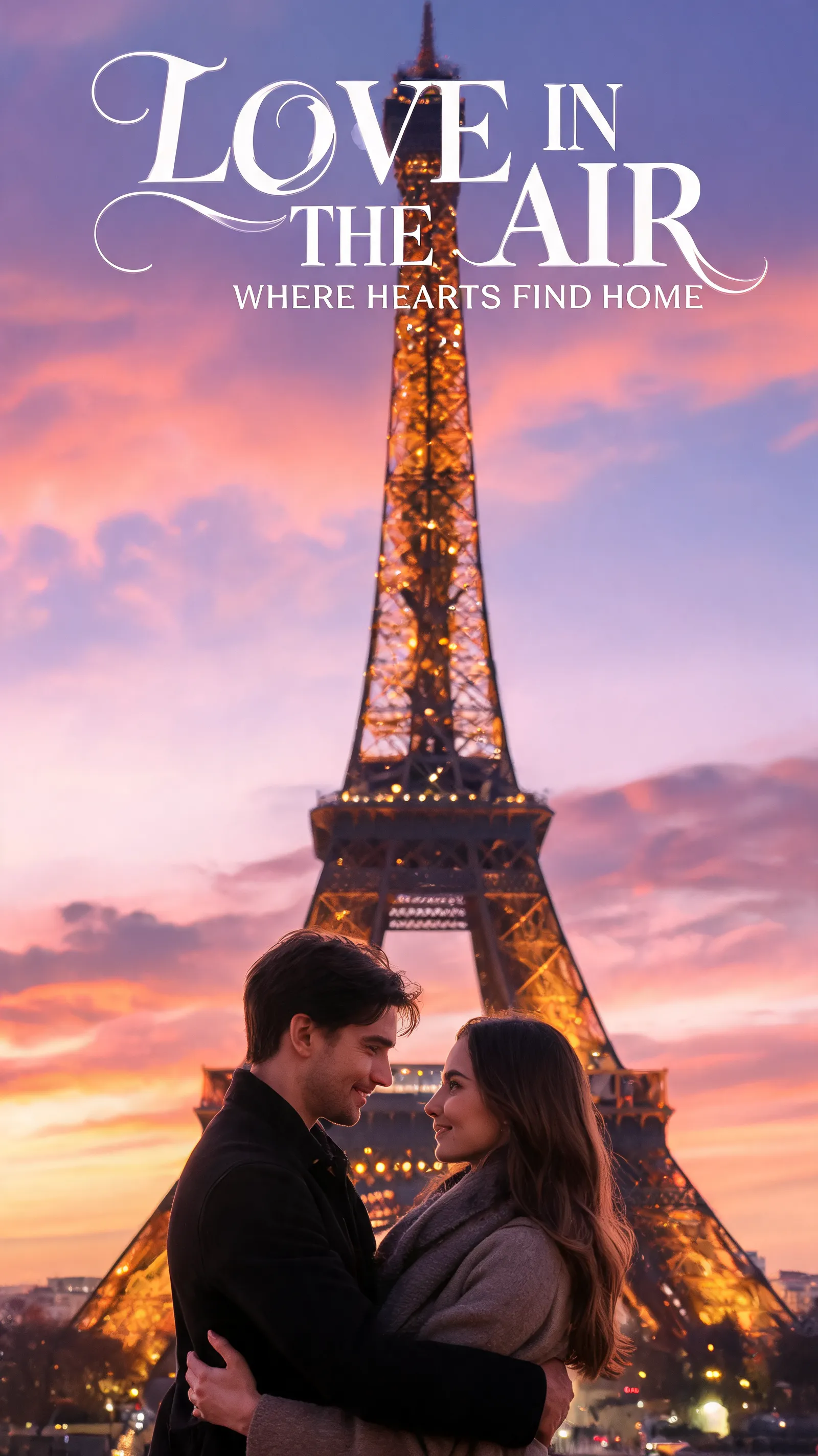 Produce a romantic movie poster set in Paris, titled 'Love in the Air', with a couple embracing under the Eiffel Tower. Add the tagline: 'Where Hearts Find Home'.