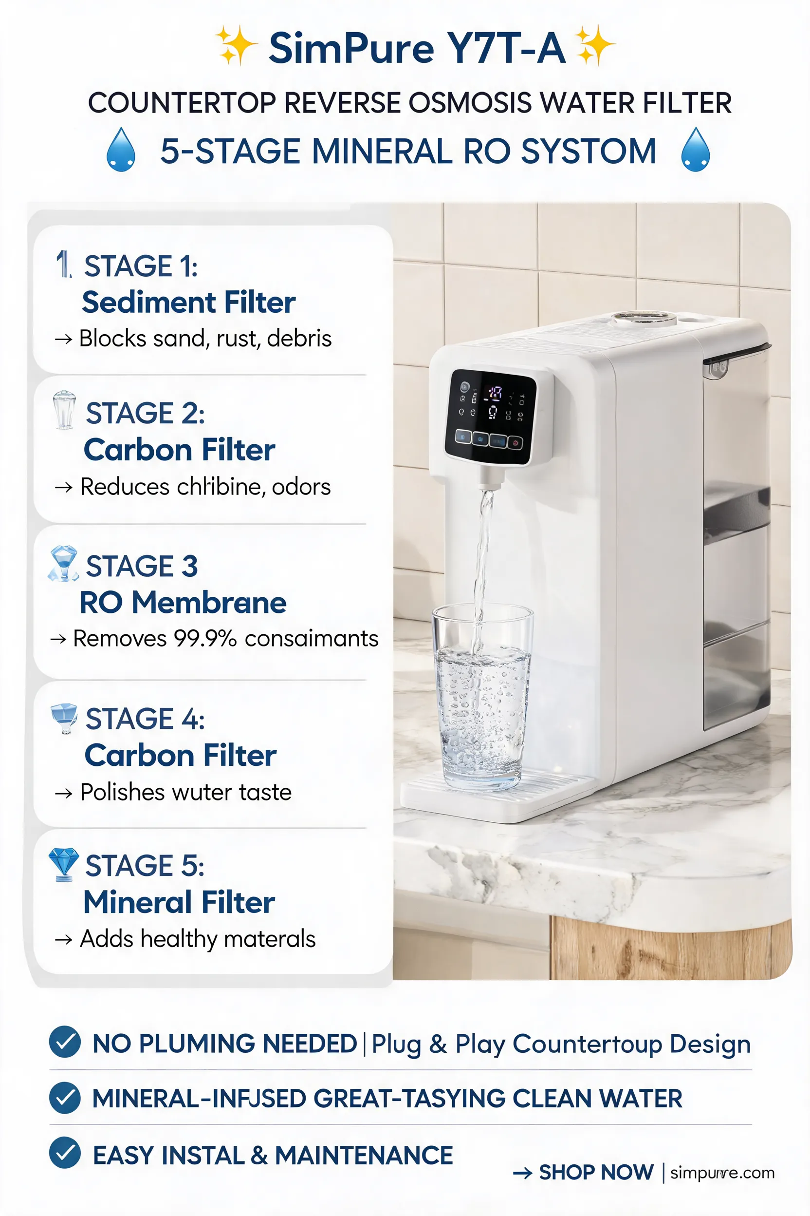 create a pinterest pin for the SimPure Y7T-A Countertop Reverse Osmosis Water Filter, 5 Stage Mineral RO