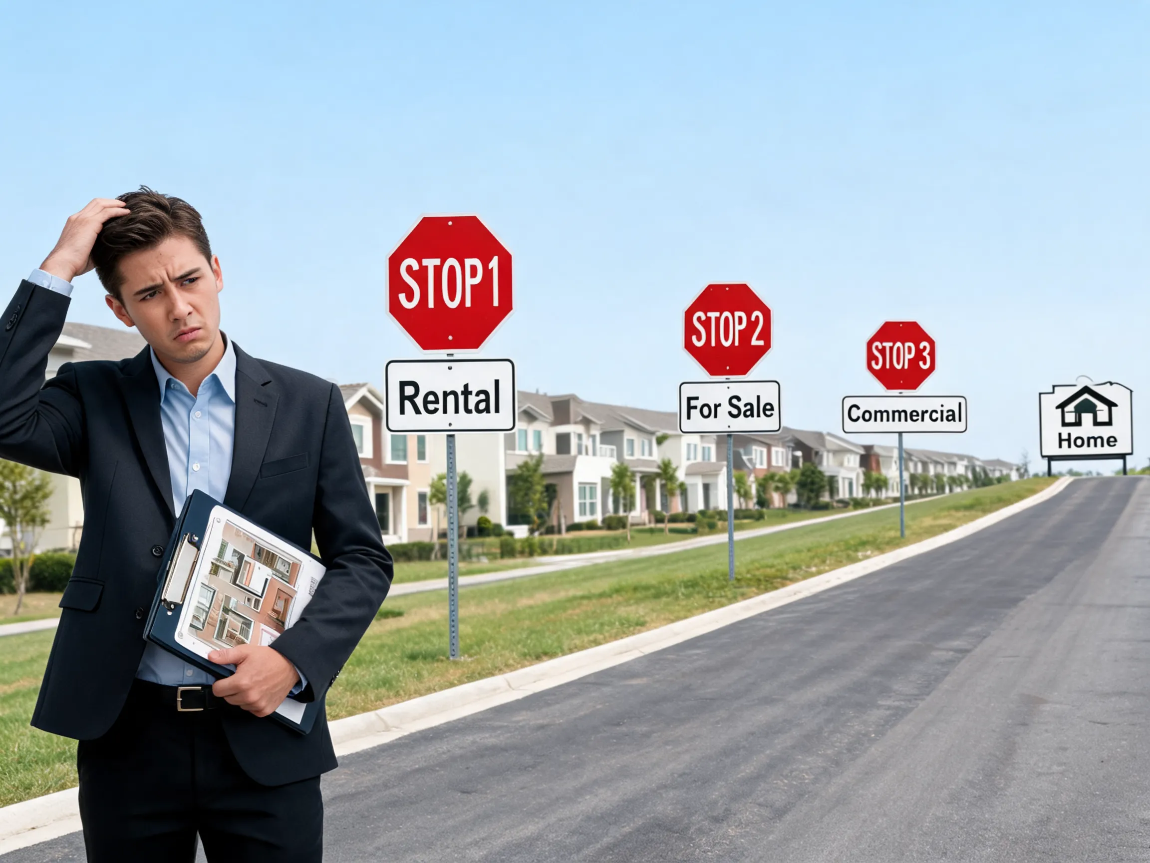 A confused Realtor is standing at the beginning of a road. There are 3 stops along the road. Stop 1 is labeled Rental. Stop 2 is labeled For Sale. Stop 3 is labeled Commercial. The end of the road is labeled Home.