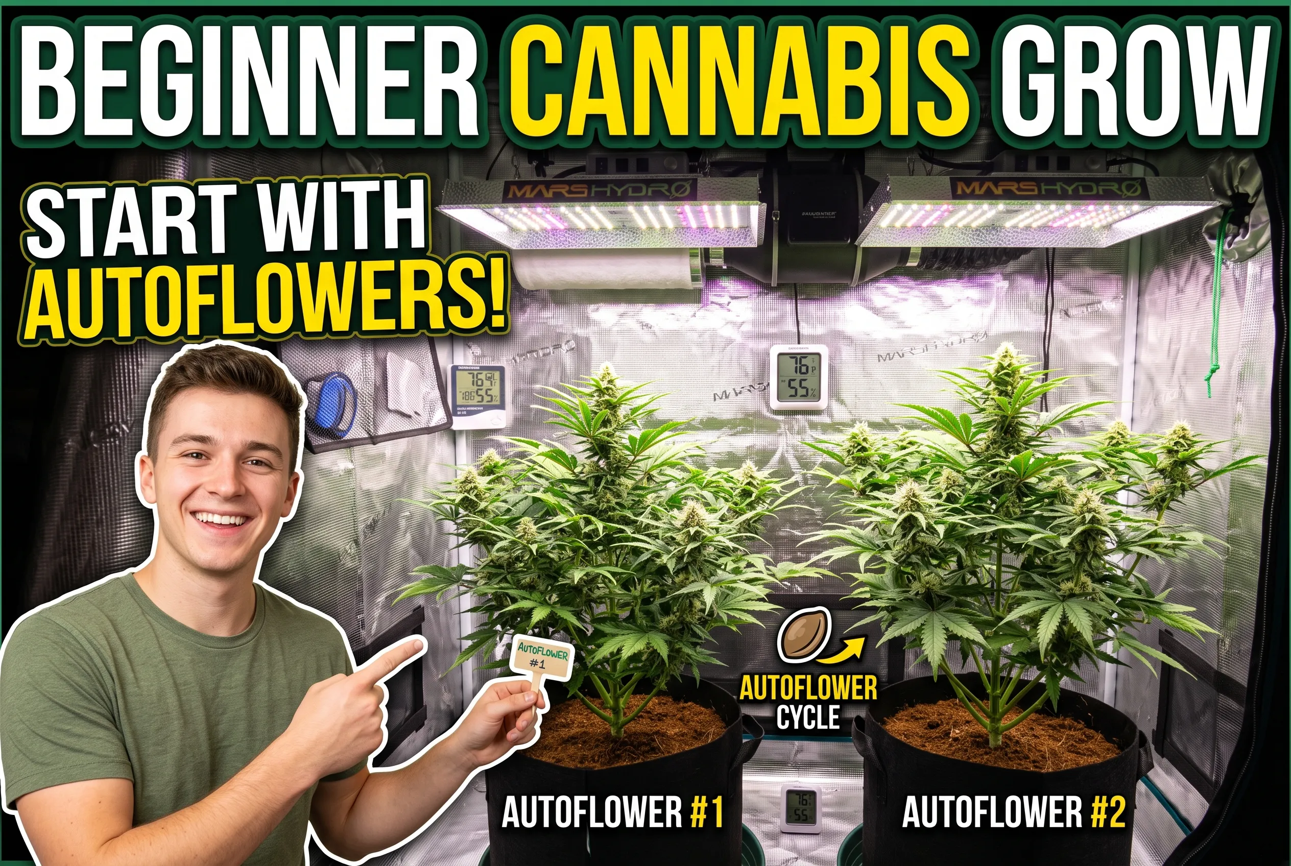 create a YouTube thumbnail for a A beginner cannabis grow starting with autoflowers.