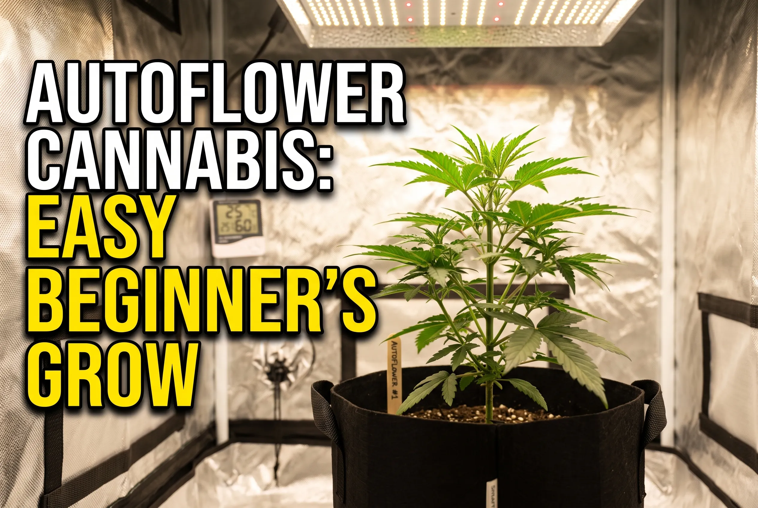 create a YouTube thumbnail for a A beginner cannabis grow starting with autoflowers. No people in the image. No name on the grow light. No vidoly.ai