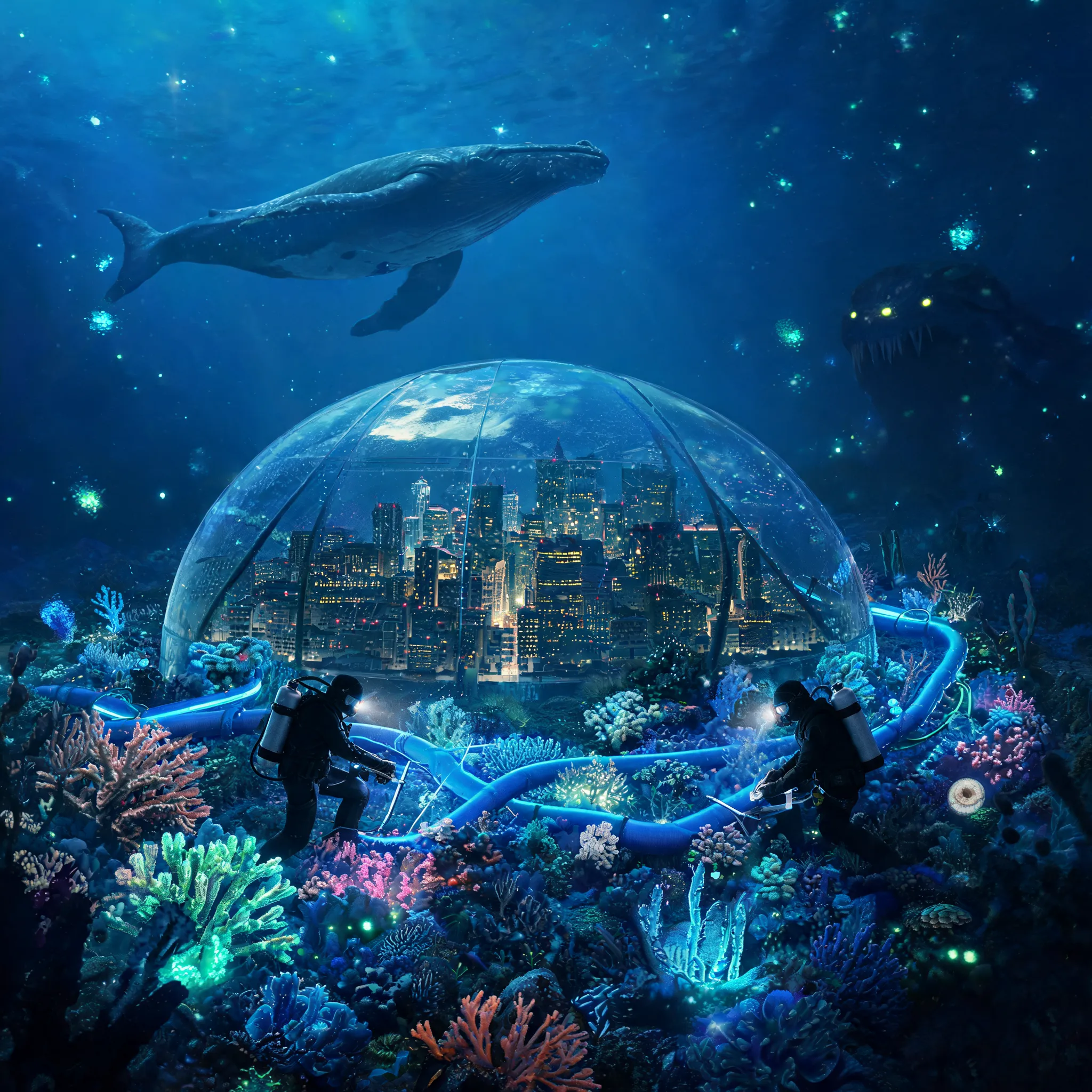 Deep-sea dome city, bioluminescent spots floating, whales gliding overhead, divers repairing power conduits in coral gardens, giant creature lurking in abyss
