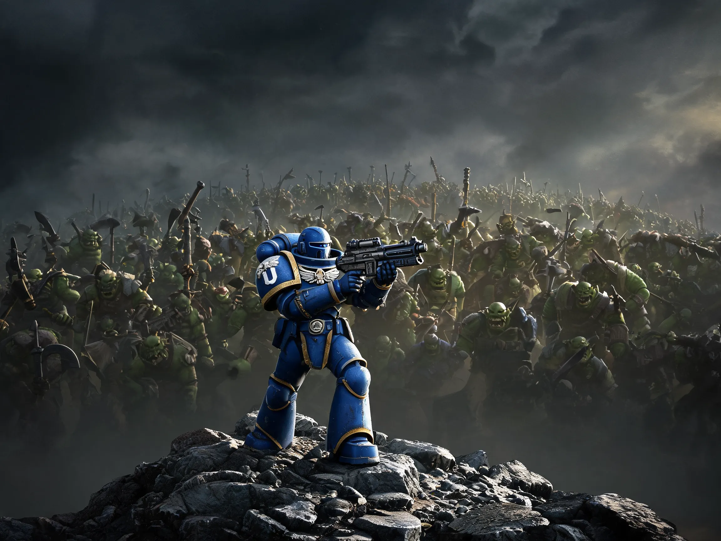 A single Ultramarine in heavy ceramite armor, standing defiantly on a rocky hill, bolter raised. Surrounded by a horde of charging Orks in the background. Cinematic lighting, grimdark atmosphere, extreme silhouette contrast. Focus on the hero pose and the scale of the enemy. Steam Capsule Art style.