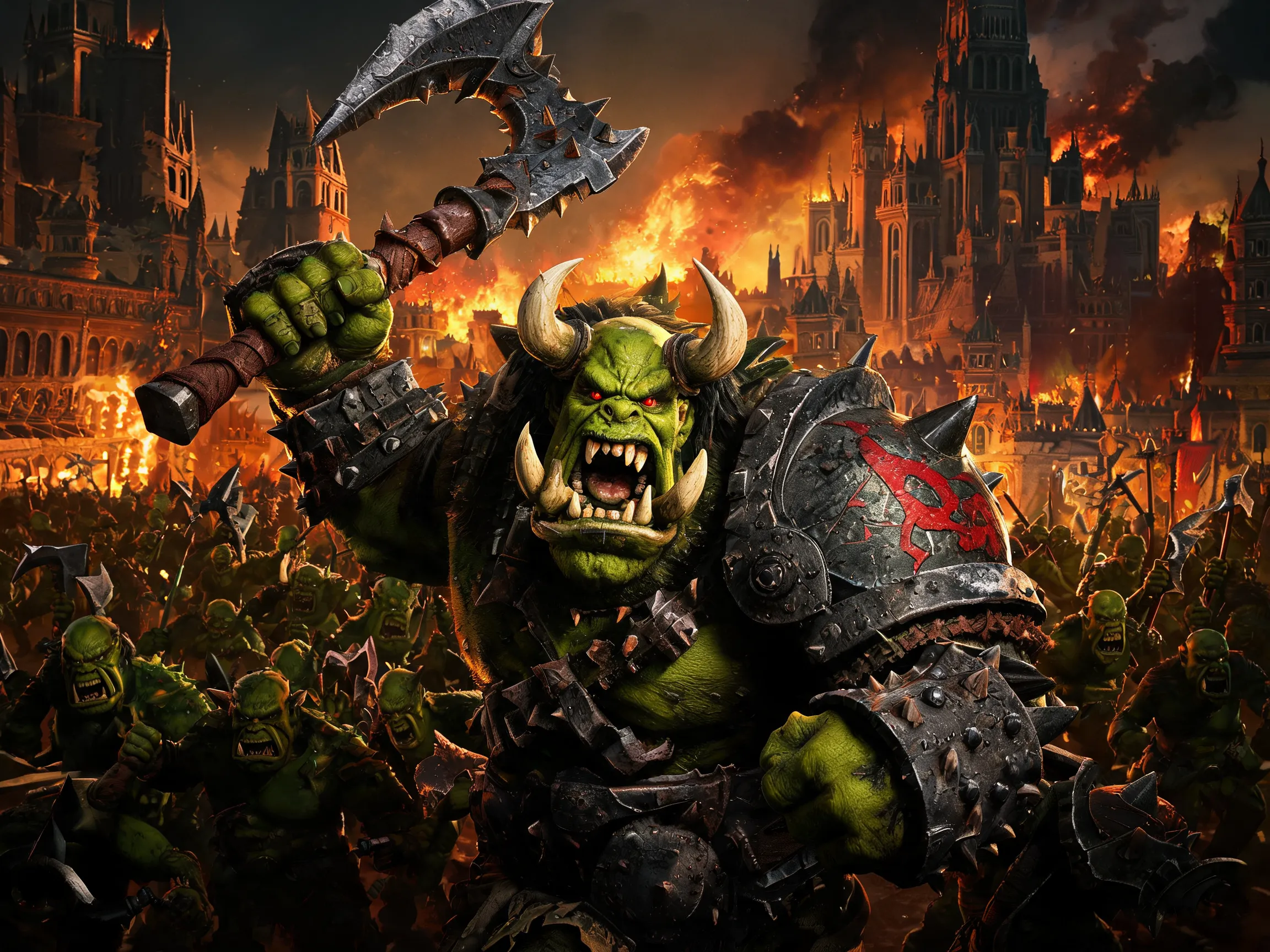 A chaotic close-up of a massive Ork Warboss leading a green tide. Focus on the crude armor, massive choppa, and brutal energy. Background shows a burning Imperial city. Use heavy contrast between the dark silhouettes and the bright orange flames. Action-packed composition for high genre clarity.