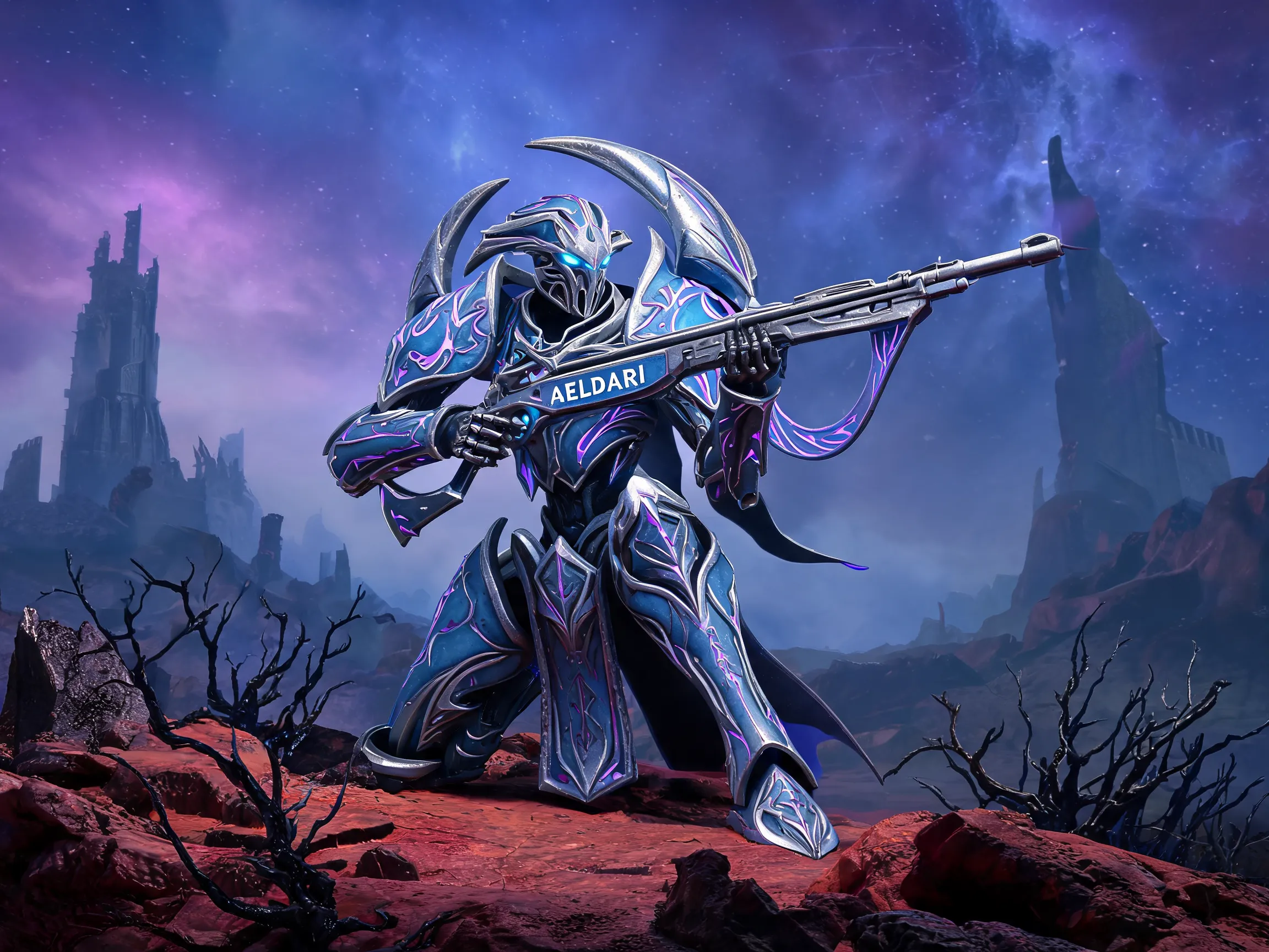 An elegant Aeldari Ranger or Wraithlord poised for battle against a backdrop of a dying, alien world. Emphasize sleek, graceful lines versus the brutish environment. Use cool color palettes (blues, purples) to differentiate from the other factions. Design for the Small Capsule size to ensure the faction identity is readable.