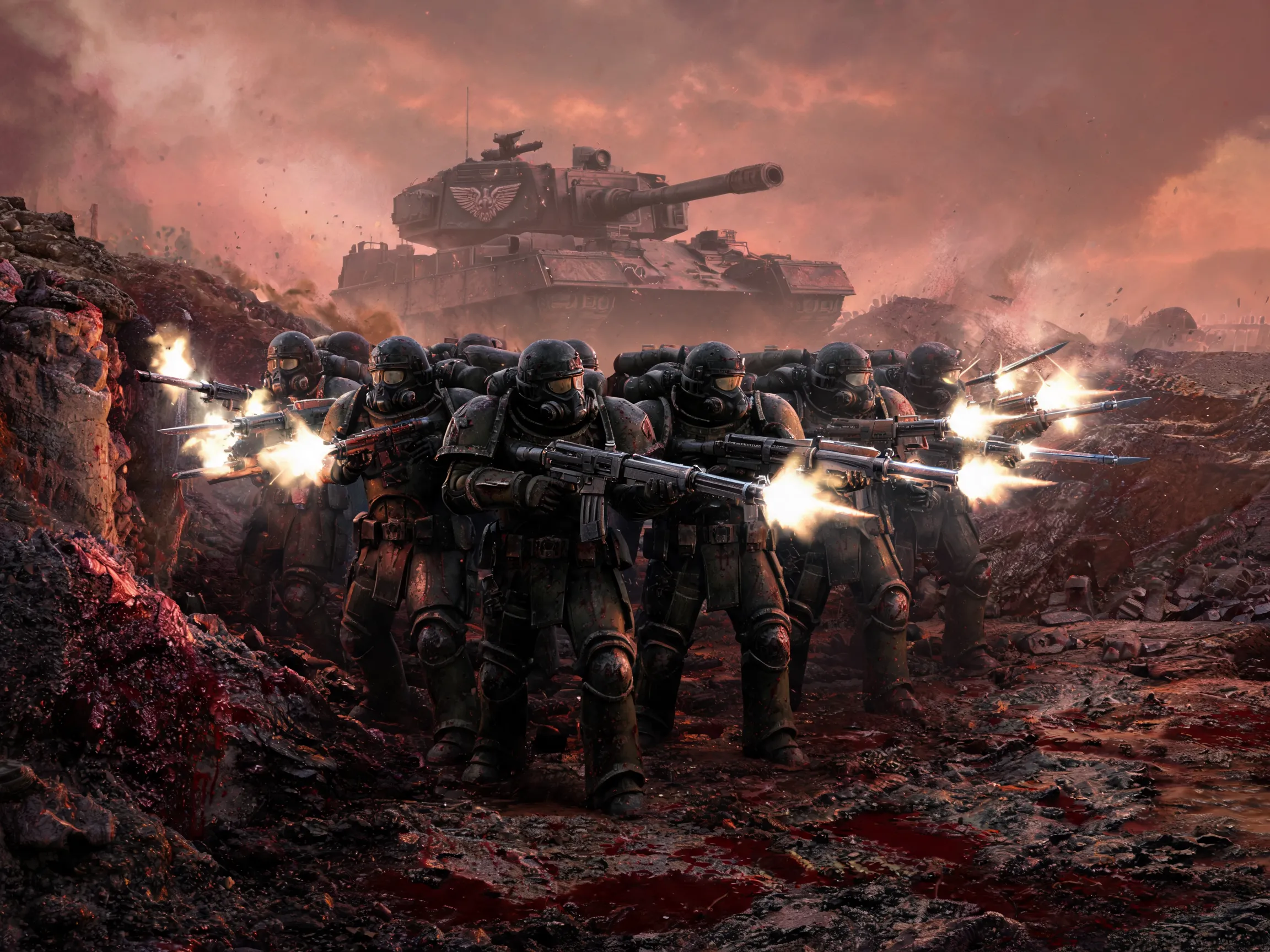 A line of Imperial Guardsmen, bayonets fixed, standing back-to-back in a trench. A massive Imperial Guard tank is visible in the background. Emphasize the grim determination and the overwhelming odds. Use a "dust and blood" color palette. High contrast between the dark armor of the soldiers and the bright muzzle flashes of their lasguns.