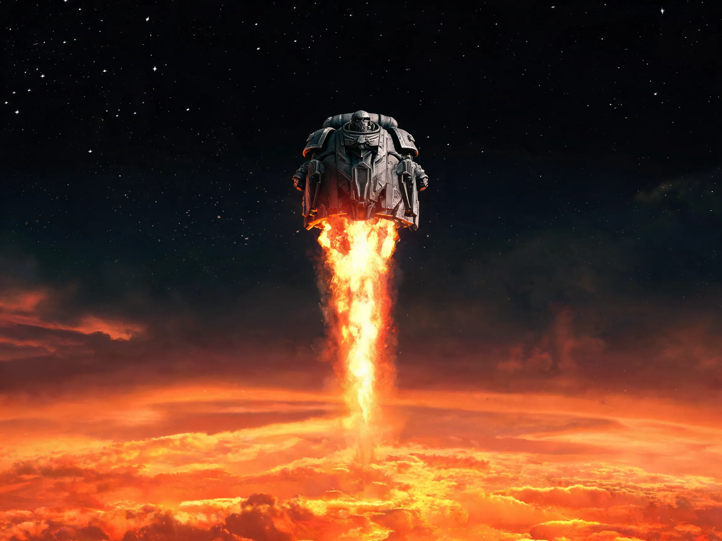 A dramatic, vertical composition of a Space Marine drop pod piercing the atmosphere, flames trailing. From a low angle, looking up. The pod is surrounded by the dark void of space and the burning sky of a planet below. Ideal for the Vertical Capsule art format.
