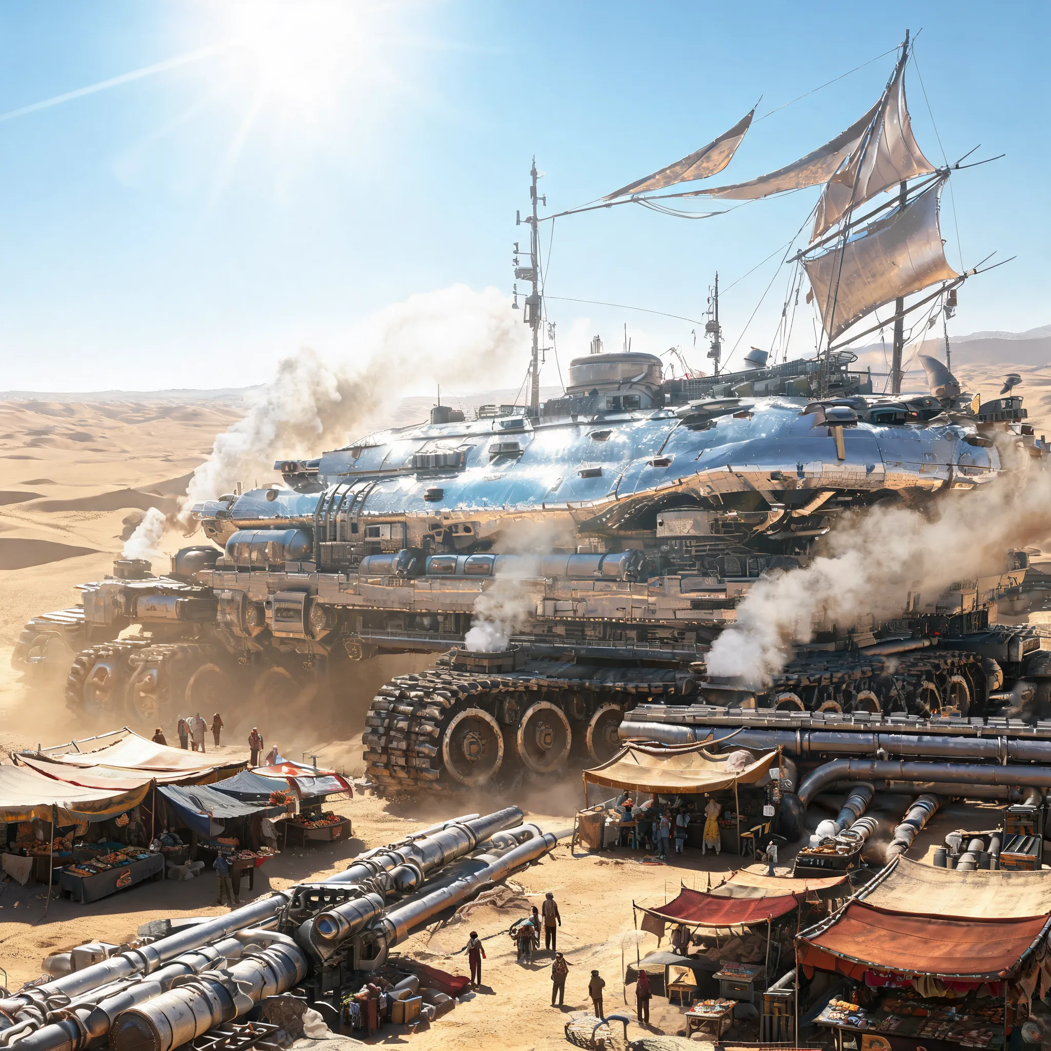 Massive tracked city in desert, metal shell reflecting harsh sunlight, steam and dust rising, vendors calling between pipes, solar sails swaying in wind