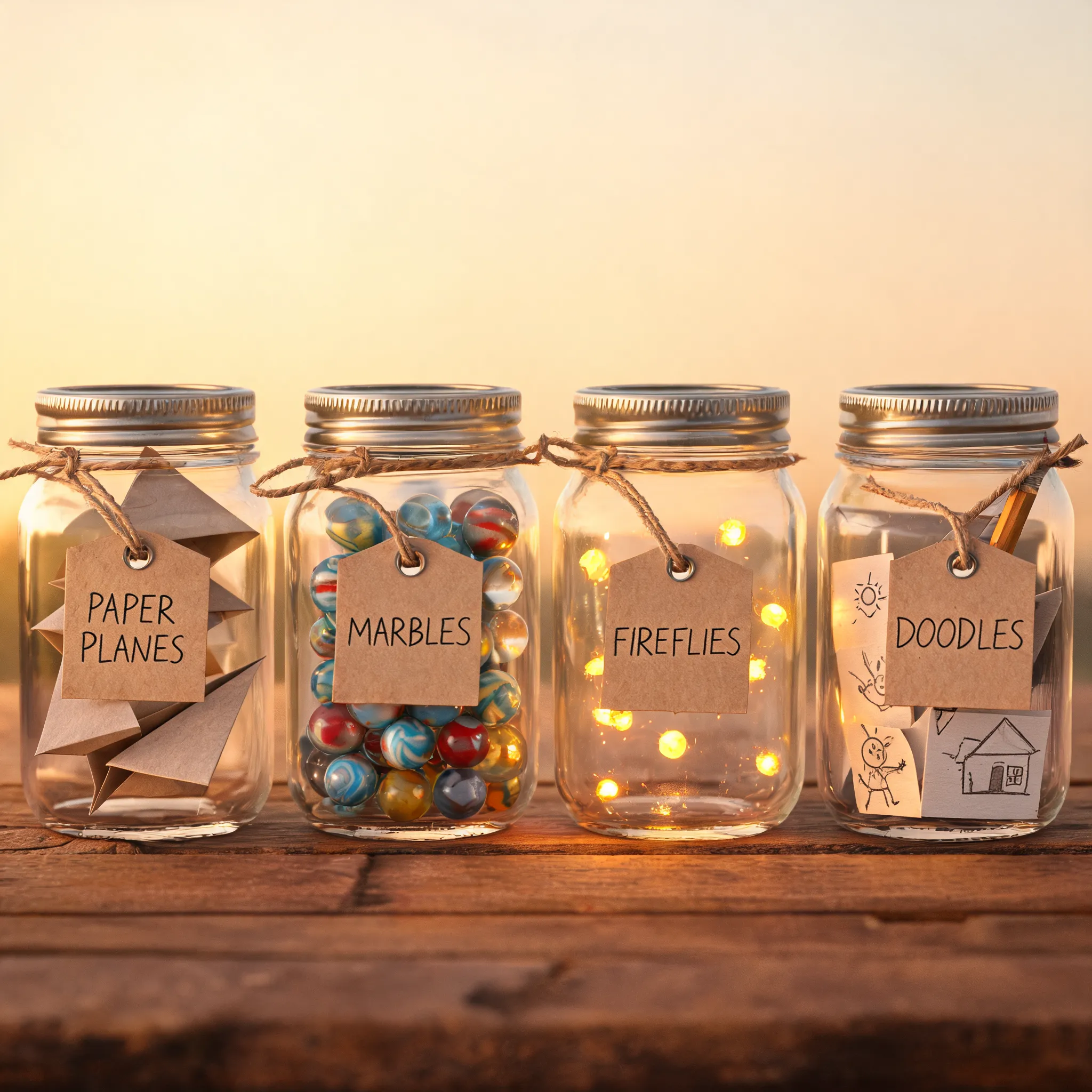 Collection of childhood memories in mason jars: paper planes, marbles, fireflies, delicate pencil details