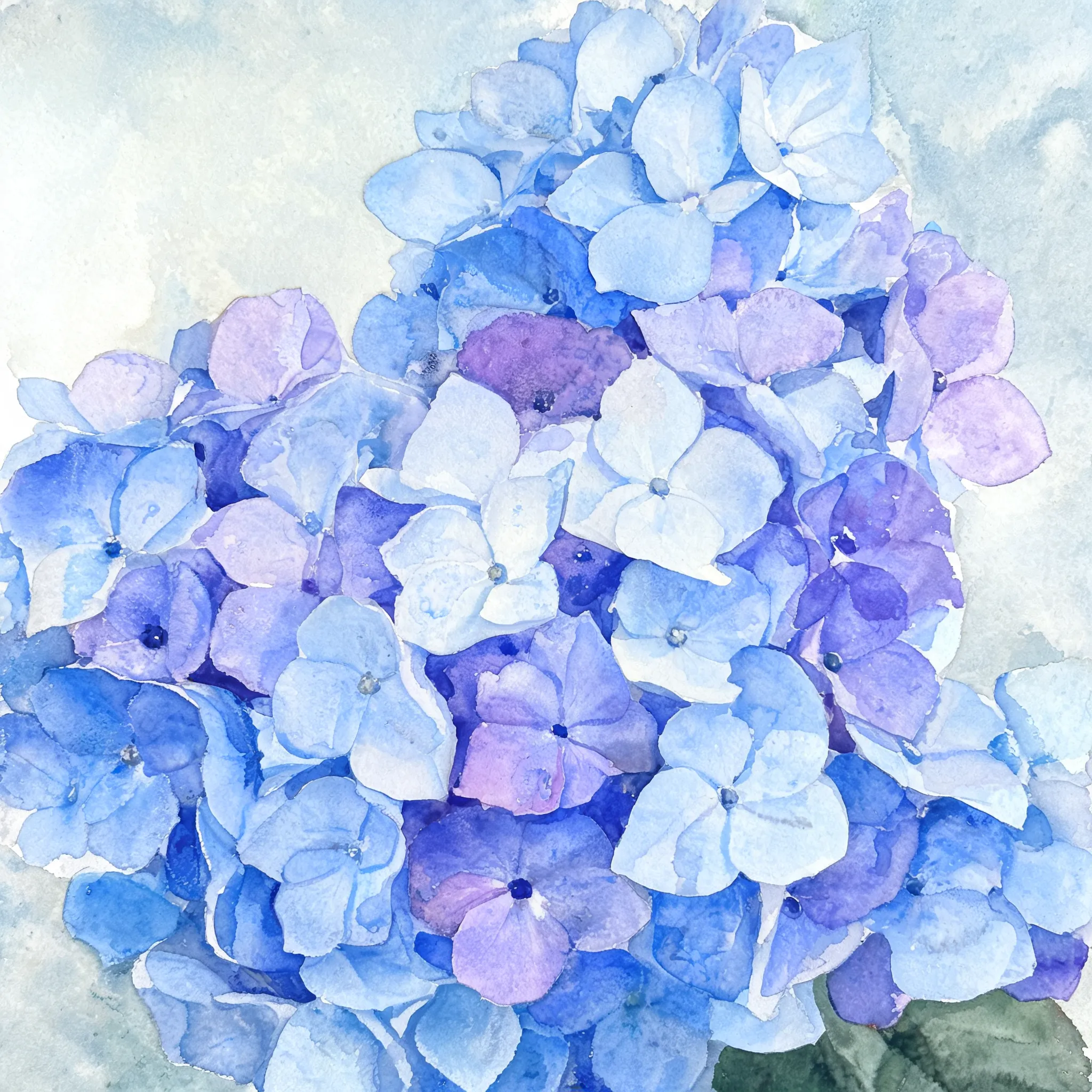 Hydrangea close-up, wet watercolor technique, natural blue-purple bleeding, translucent petal effects, paint buildup details