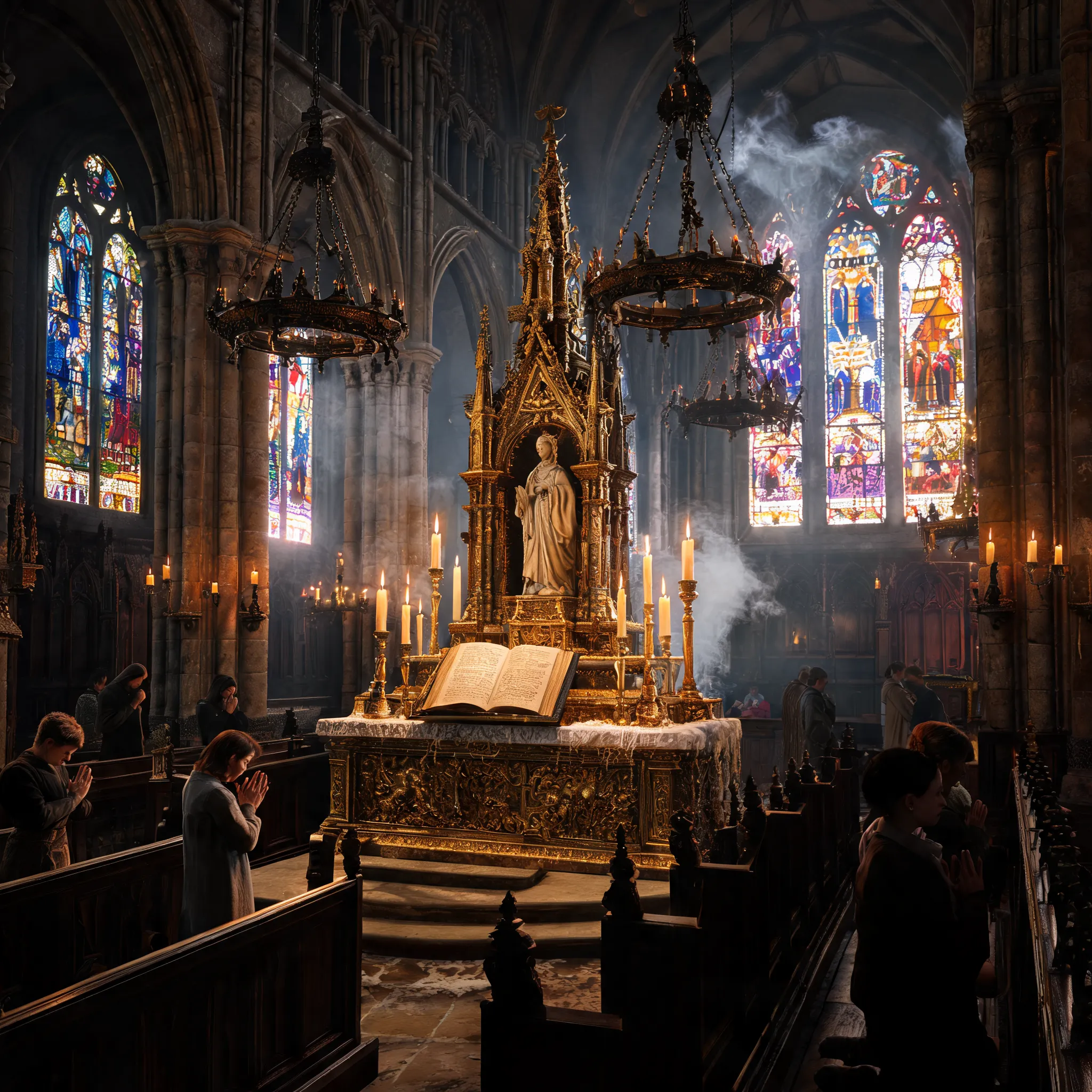 Stained glass windows, burning candles, saint statues, gilded altar, wooden pews, bronze chandeliers, Gothic pillars, ancient scriptures, devout worshippers, incense smoke