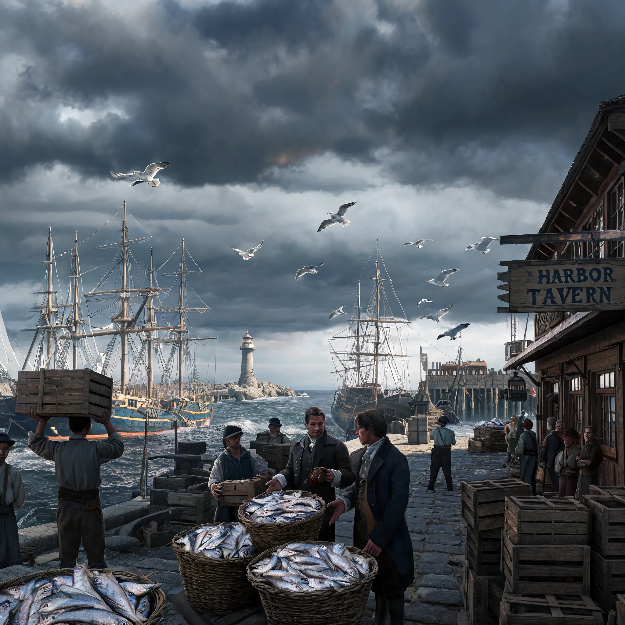 Sailing ships, dock workers, cargo crates, fresh catch, soaring seagulls, distant lighthouse, storm clouds, merchants trading, harbor tavern, tall masts