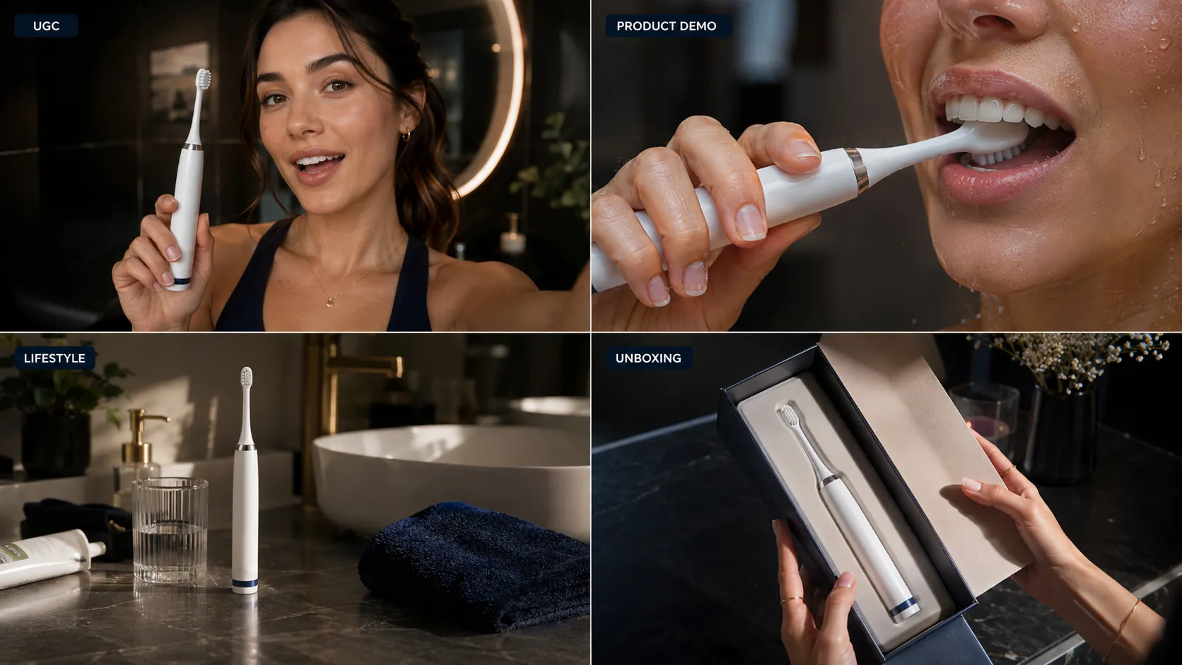 Create a premium 16:9 ecommerce advertising showcase using one wireless electric toothbrush as the consistent product. Create a four-panel composition showing four completely different finished advertisement scenes: 1. UGC: a young female creator holding the toothbrush and recommending it naturally to camera. 2. Product Demo: an extreme close-up showing the toothbrush being used in a premium bathroom. 3. Lifestyle: the toothbrush placed naturally beside a modern bathroom sink during a morning routine. 4. Unboxing: a creator opening premium packaging and revealing the toothbrush. The product must remain visually consistent across all four scenes. Make every panel look like a real commercial video frame rather than an infographic. Realistic people, natural skin, believable hands, realistic product proportions, professional lighting, strong ecommerce advertising composition. Add small labels only: UGC / PRODUCT DEMO / LIFESTYLE / UNBOXING. Premium commercial photography, sophisticated dark editorial background, subtle blue accents. No charts, workflow diagrams, fake UI, or excessive text.