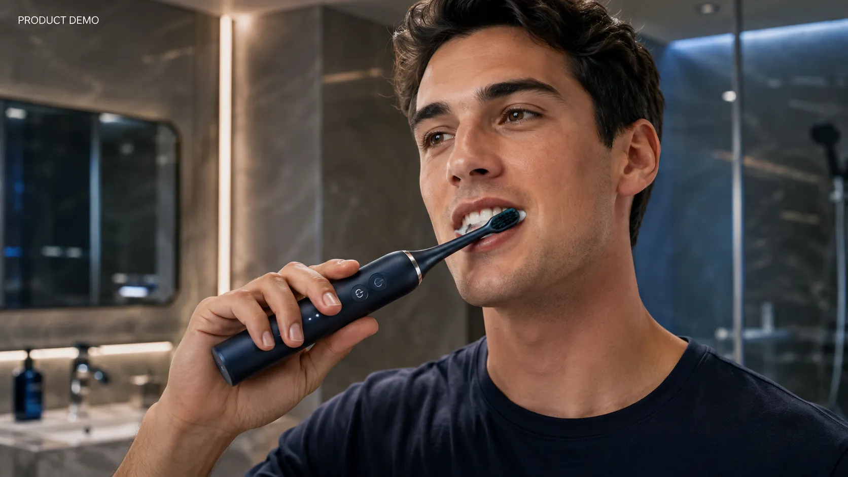 Create a premium 16:9 commercial video frame for an AI-generated product demonstration advertisement. Show a wireless electric toothbrush being used by a young adult in a luxurious modern bathroom. The composition should strongly emphasize the product: clear visibility of the toothbrush, handle, buttons, and realistic proportions. Use a close-to-medium commercial camera composition with the product in sharp focus and the person naturally demonstrating its use. Include subtle water droplets and realistic bathroom reflections while keeping the product readable. The scene should communicate “product demonstration” immediately, with premium advertising lighting, realistic materials, believable hands, natural skin texture, and polished commercial photography. Use a sophisticated neutral bathroom environment with subtle blue accents. Small optional text: “PRODUCT DEMO”. No diagrams, no UI, no fake product specifications, no exaggerated visual effects, no distorted product.