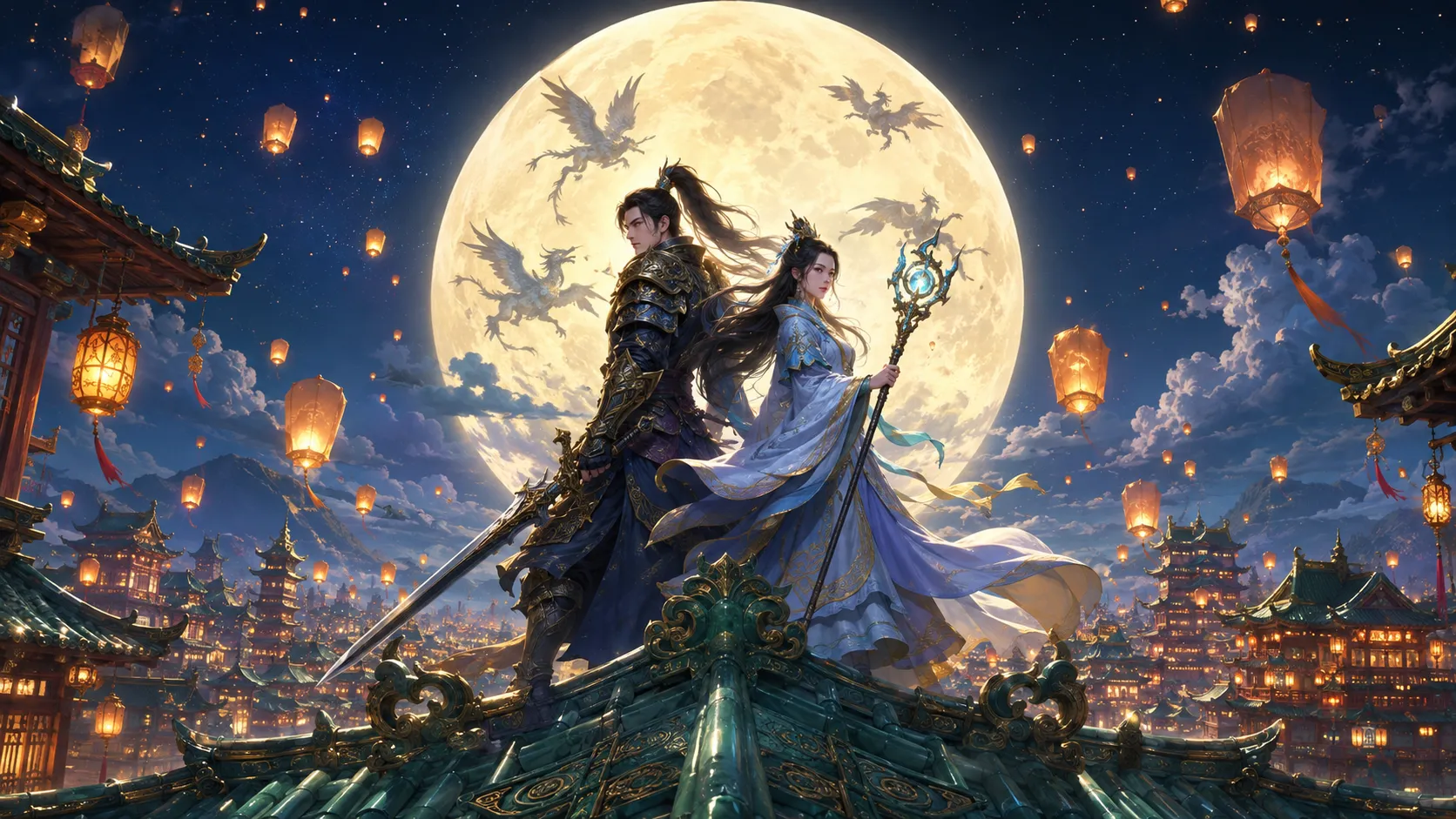 Epic fantasy RPG style, a brave warrior and a wise mage standing back-to-back on a jade palace rooftop, a giant glowing full moon behind them, silhouettes of mythical creatures flying across the moon, Mid-Autumn Festival atmosphere, vibrant lanterns floating in the sky, highly detailed digital painting, cinematic lighting, Steam capsule art, 4k.
