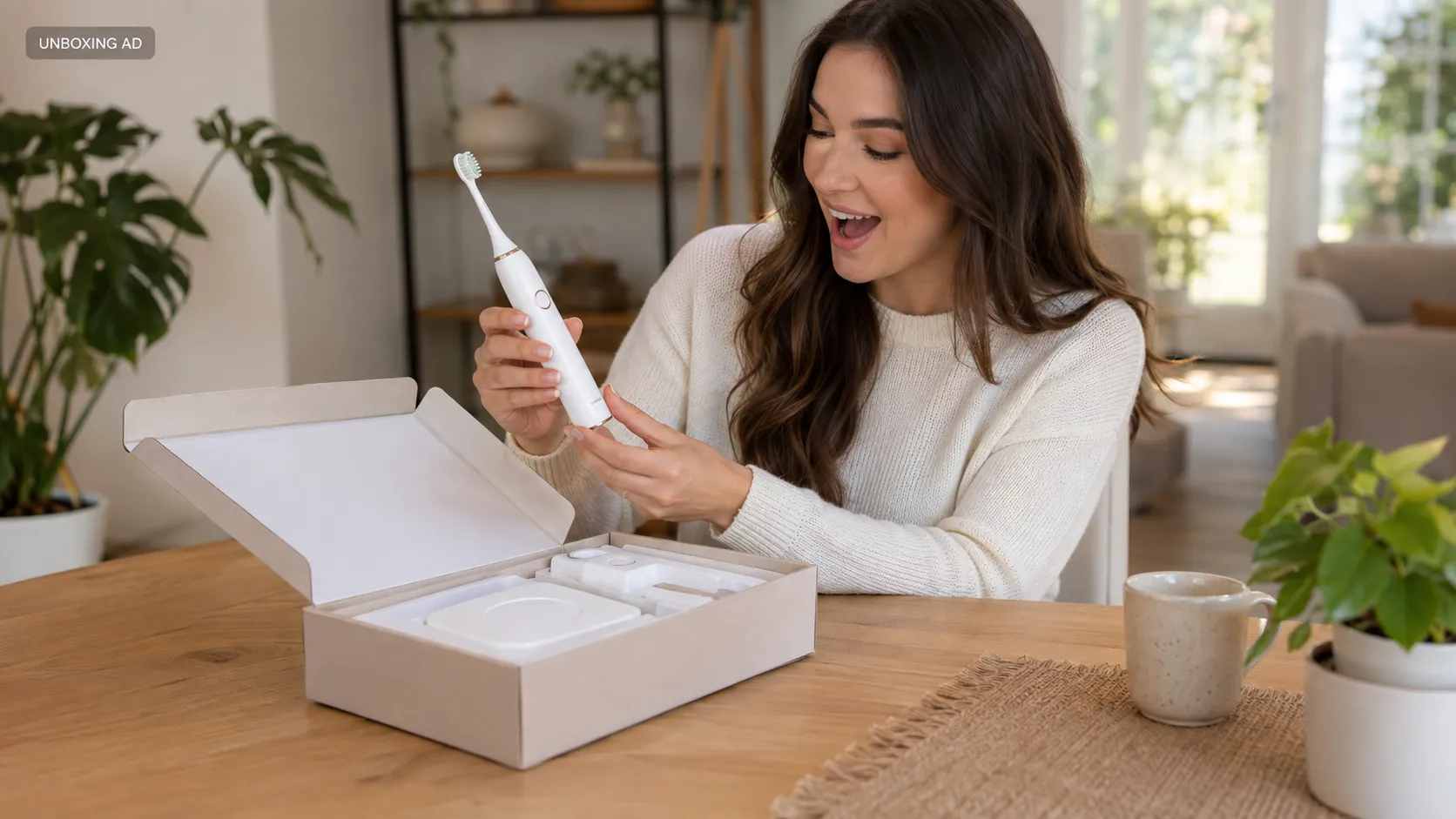 Create a realistic 16:9 ecommerce unboxing advertisement frame. Show a stylish young female creator sitting at a clean modern table and opening a premium product box containing a wireless electric toothbrush. Capture the moment when she lifts the toothbrush from the packaging with a pleasantly surprised and excited expression. The product should be clearly visible in her hands, with realistic hand-object interaction and accurate proportions. Show the packaging, product, creator, and tabletop from a natural slightly elevated commercial camera angle. The scene should feel like authentic creator content rather than a luxury studio commercial: warm natural lighting, realistic home environment, genuine expression, believable hands and materials. Use premium ecommerce advertising photography with strong product visibility. Small optional label: “UNBOXING AD”. No fake logos, no excessive text, no UI, no diagrams.