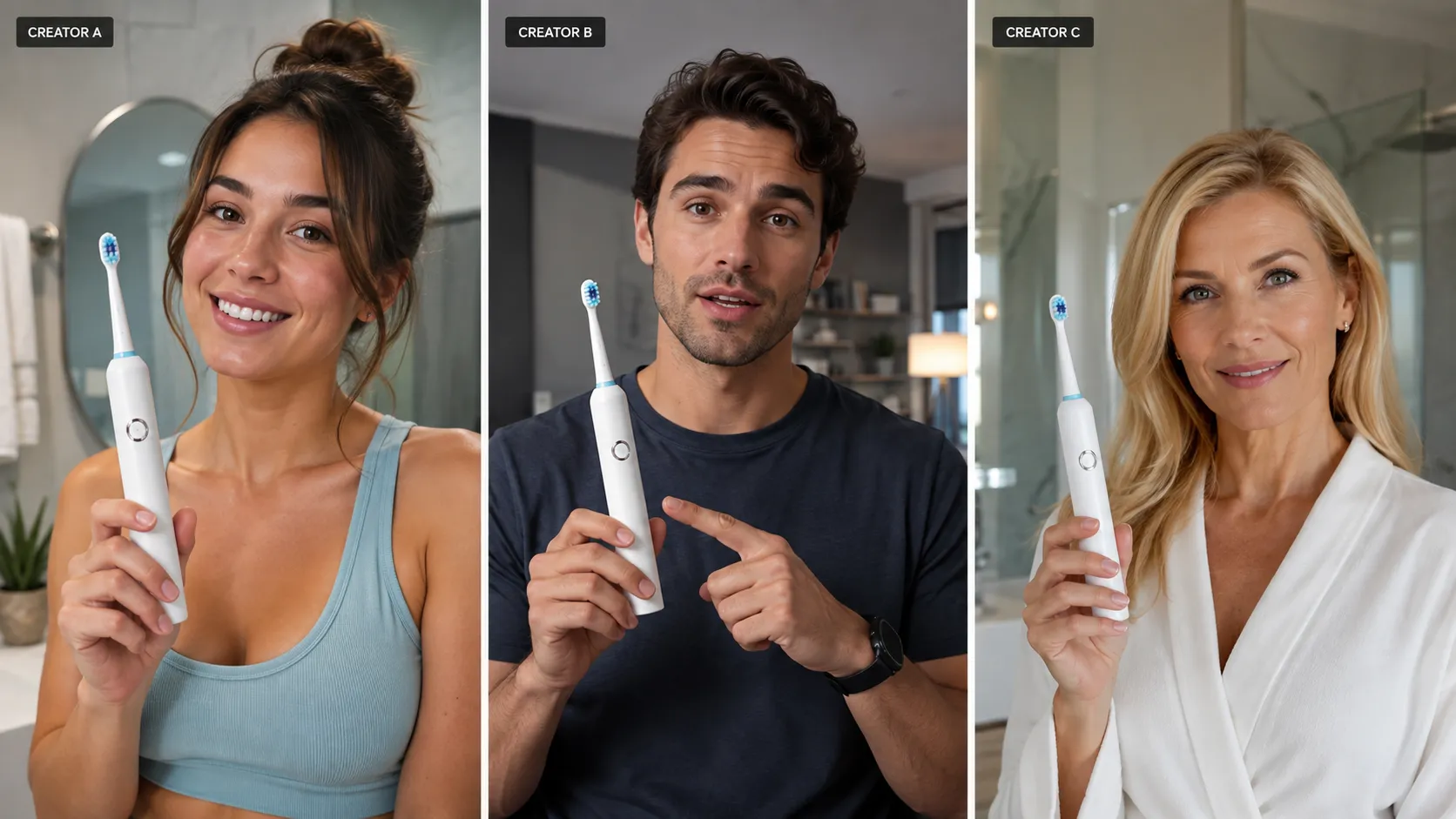 Create a premium 16:9 ecommerce advertising showcase showing the same wireless electric toothbrush presented by three different AI-generated creators. Create three side-by-side realistic commercial video frames: LEFT: a young female lifestyle creator in a modern bathroom, friendly and approachable. CENTER: a young male tech-oriented creator in a clean contemporary apartment, confident and informative. RIGHT: a mature female wellness creator in a bright premium bathroom, calm and trustworthy. Each person should hold or demonstrate the exact same toothbrush. Keep the product visually consistent across all three frames. The creators must look clearly different in age, appearance, clothing, personality, and environment. Make the result feel like three real social-media advertising creatives for the same product. Premium realistic photography, natural expressions, believable hands, commercial lighting, polished ecommerce advertising aesthetic. Small labels: “CREATOR A”, “CREATOR B”, “CREATOR C”. No charts, no workflow, no fake UI, no logos.