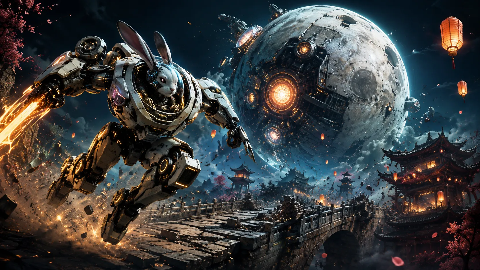 Sci-fi action game key art, a cyborg rabbit piloting a sleek high-tech mech suit, leaping across a crumbling ancient bridge towards a massive mechanical moon, glowing lunar energy cores, neon-lit traditional Chinese architecture ruins, explosive dynamic action pose, Mid-Autumn Festival theme, 4k resolution, high contrast.